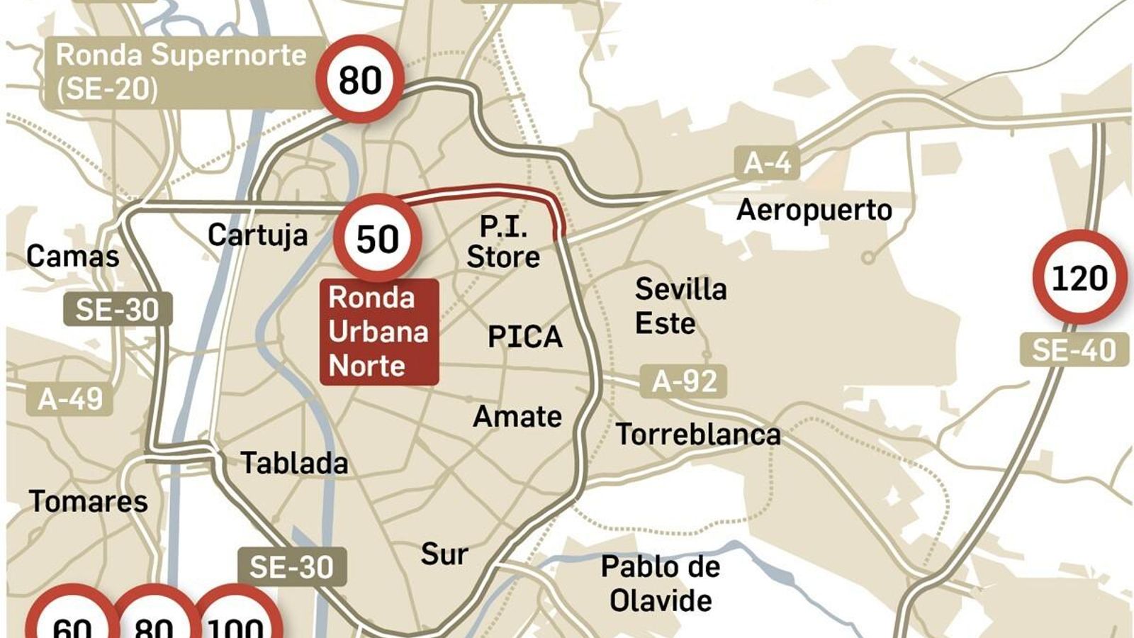 La Ronda Urbana Norte se puede evitar cogiendo por la SE-20 hacia la SE-40.