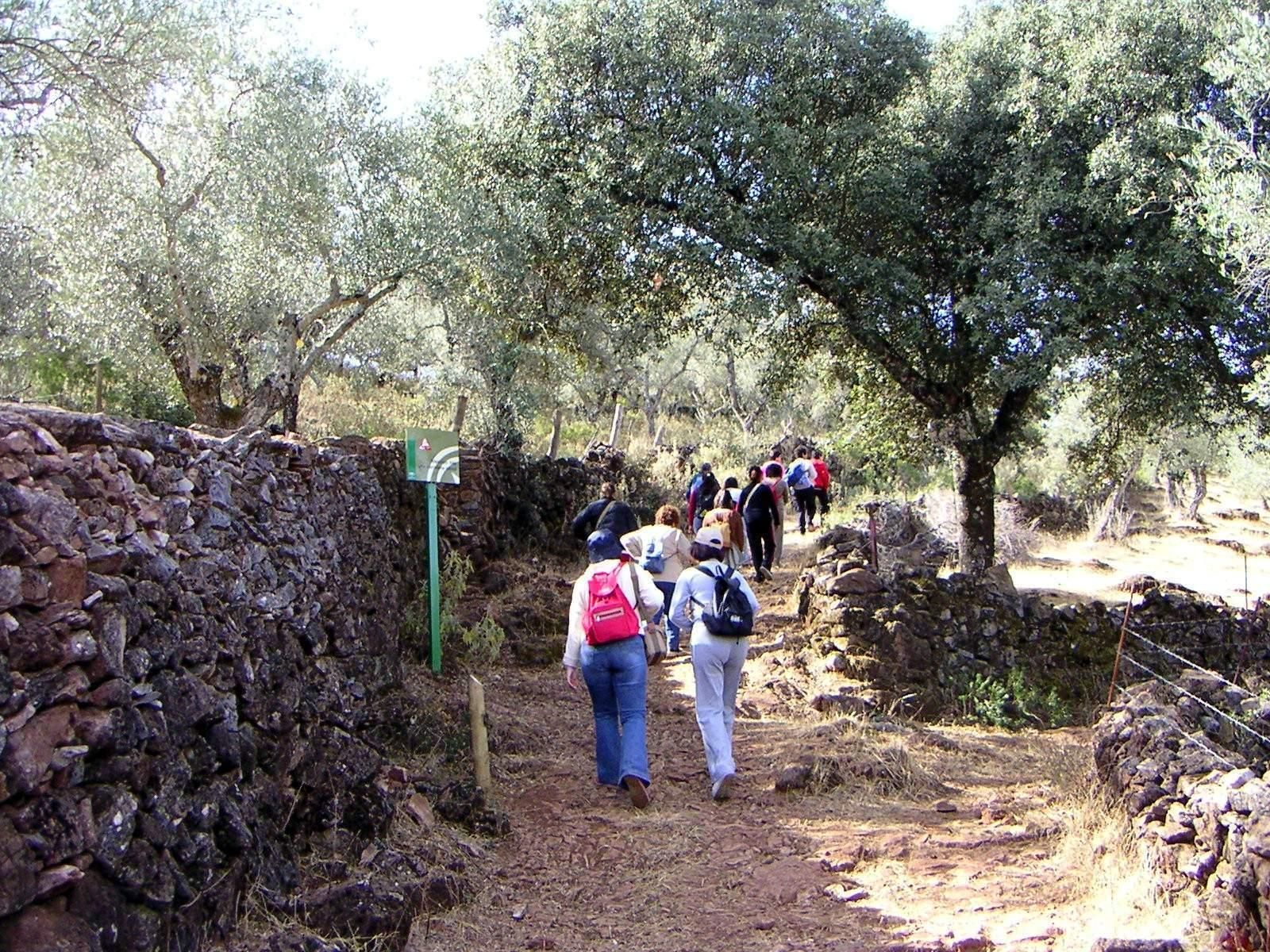 Turistas haciendo senderismo en el Parque Natural Sierra de Aracena y Picos de Aroche.