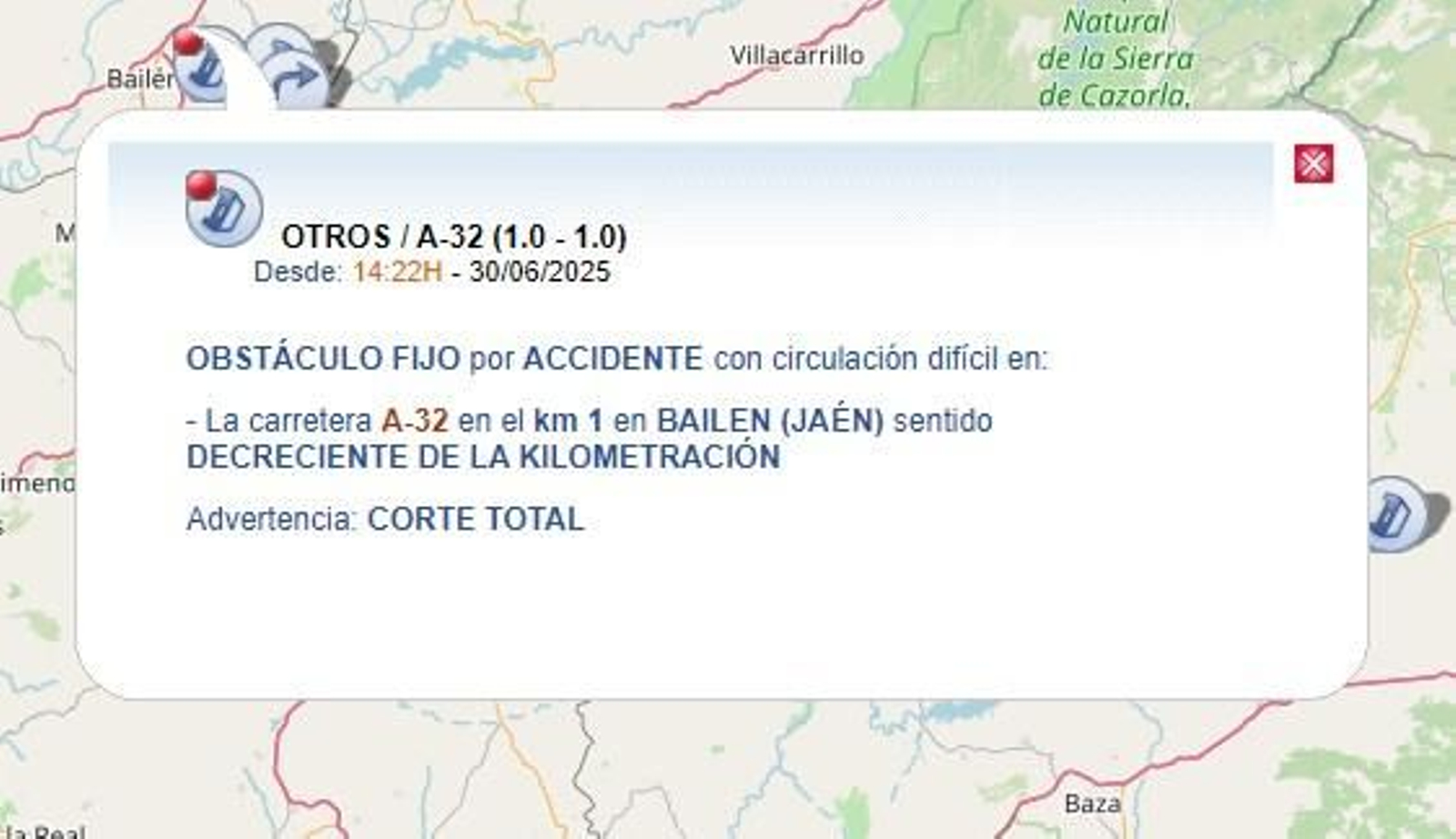 Aviso de la Dirección General de Tráfico tras el accidente en la A-32, a la altura de Bailén.
