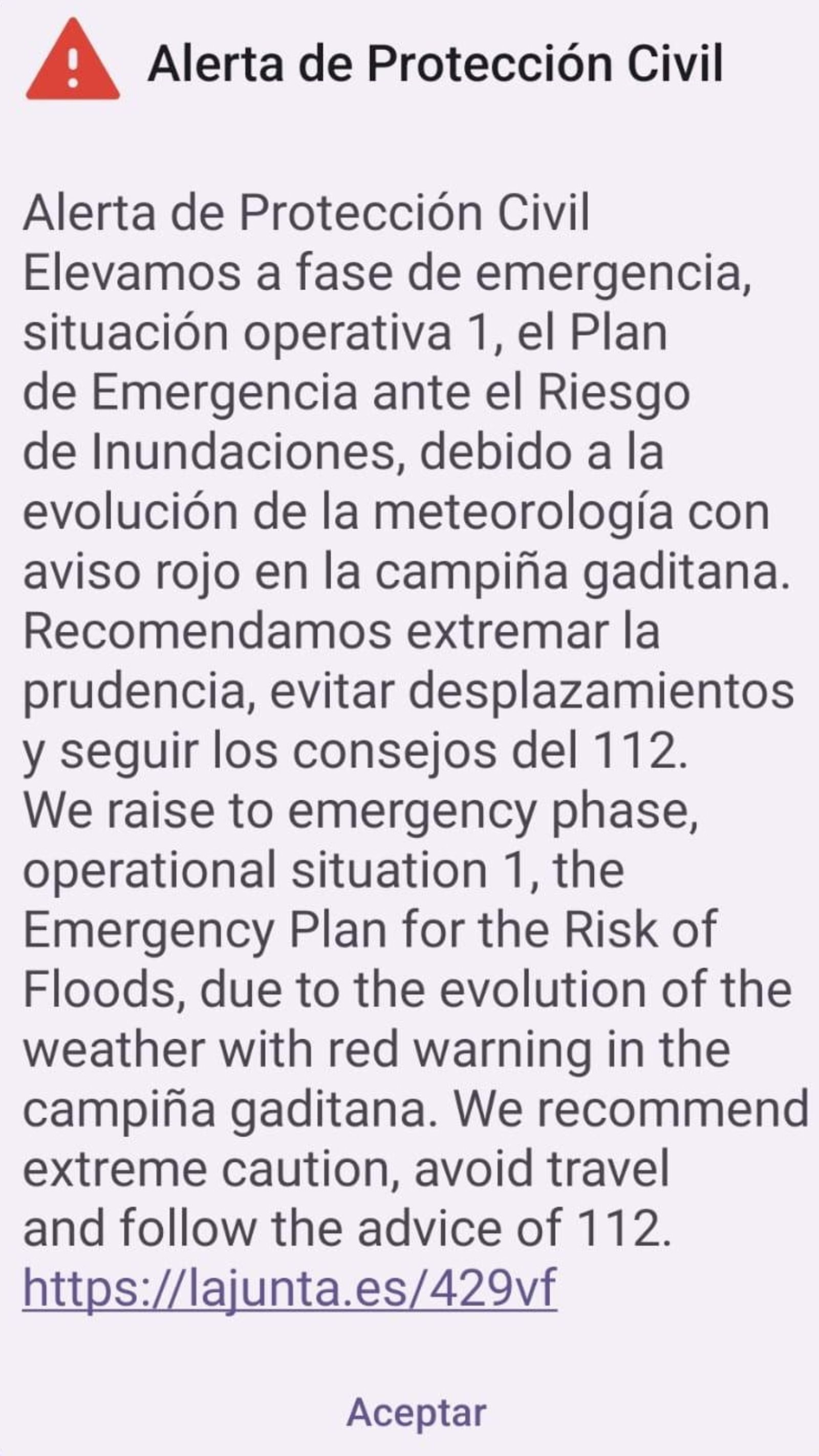 Mensaje de Protección Civil que ha llegado a los teléfonos móviles ante el estado de emergencia en Jerez.