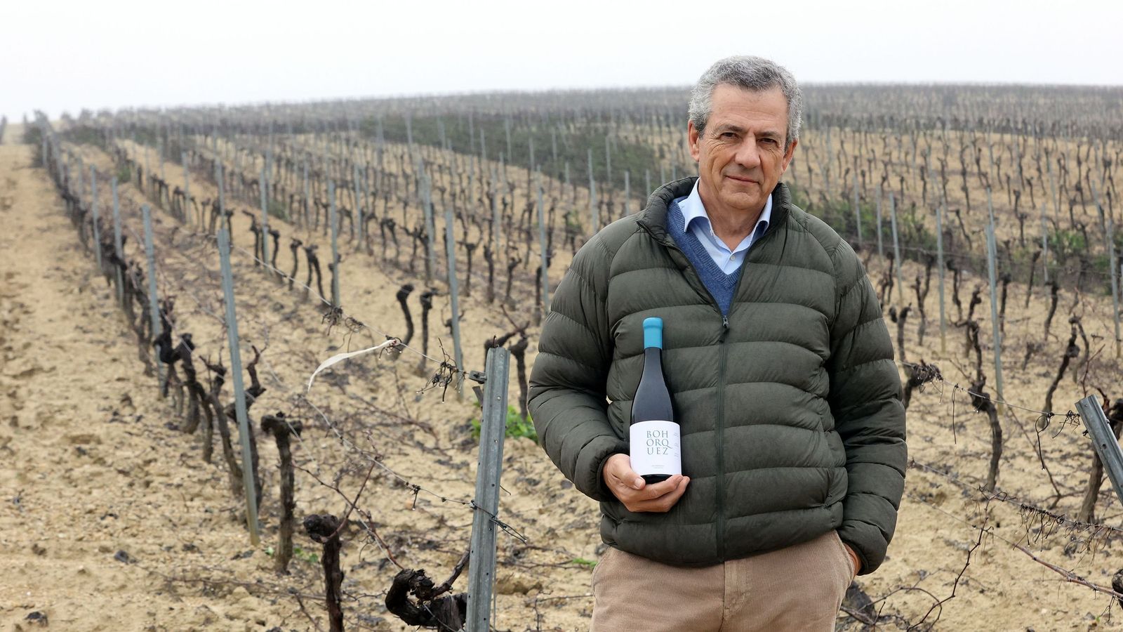 Javier Bohórquez con una botella de ‘Bohórquez Albariza’ en La Solana. la viña adquirida por la firma bodeguera en el Pago de Añina.
