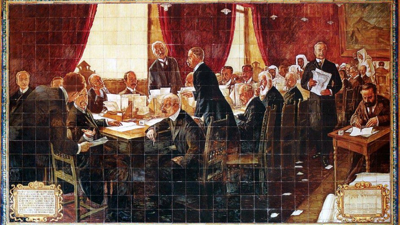 Mosaico cerámico de una de las sesiones de la Conferencia Internacional de Algeciras de 1906.