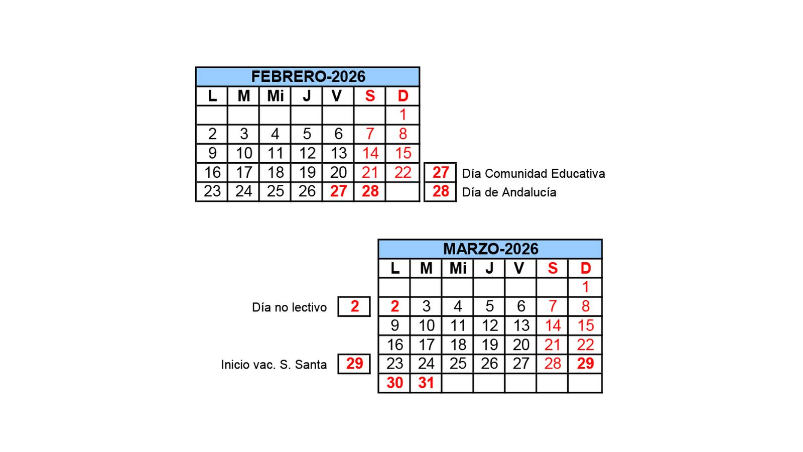 Calendario esoclar de febrero y marzo en la provincia de Almería.