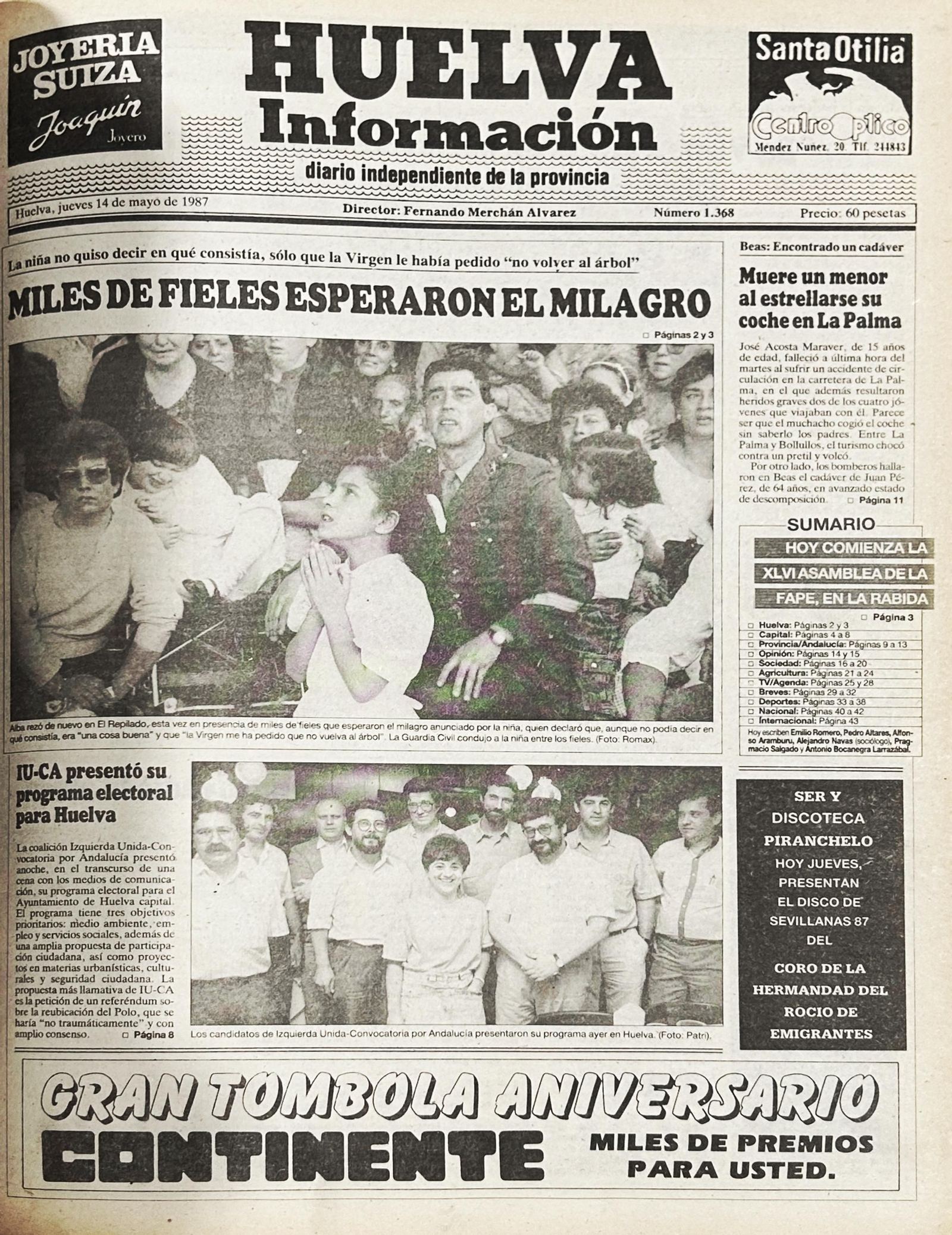 Portada de Huelva Información el 14 de mayo de 1987 con la fotografía de la pequeña de El Repilado en plena 'aparición'.