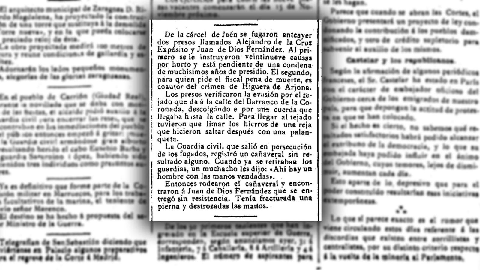 Noticia sobre la fuga de presos de Jaén en El Correo Militar del 21 de septiembre de 1893.