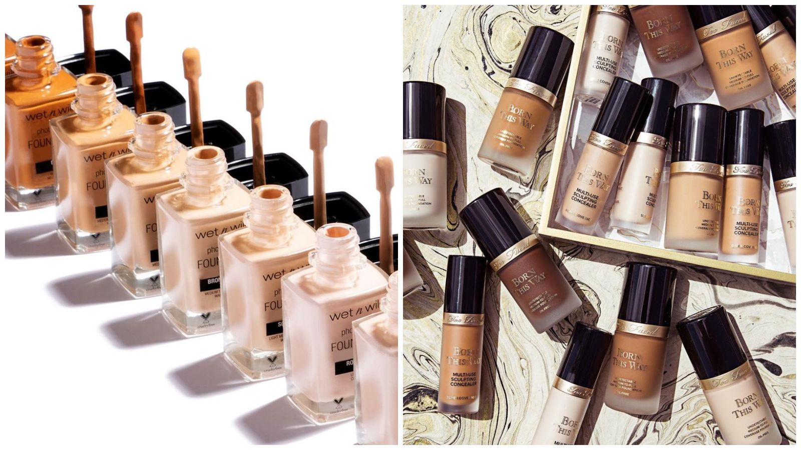 Bases de maquillaje Photofocus Foundation de Wet N Wild (izquierda) y Born this way de Too Faced (derecha).