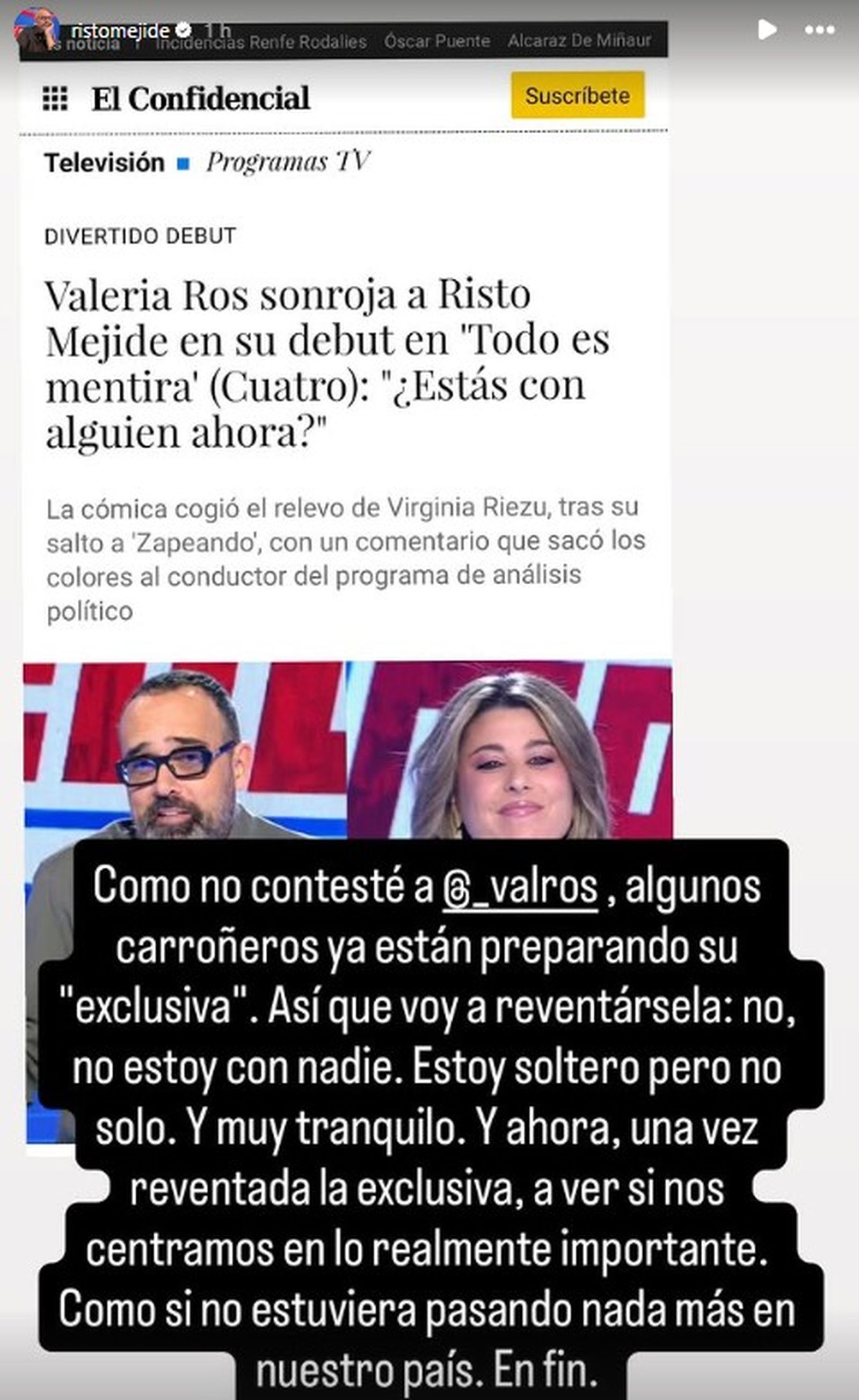 Risto Mejide confirmaba su ruptura con Merche Torre a través de una 'story' de Instagram.