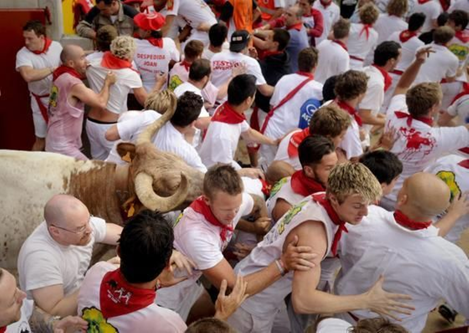 El primer encierro de 2012 finaliza con una cornada en el primer tramo y la entrada en la plaza de un toro con un mozo en una de sus astas.

Foto: EFE / Reuters