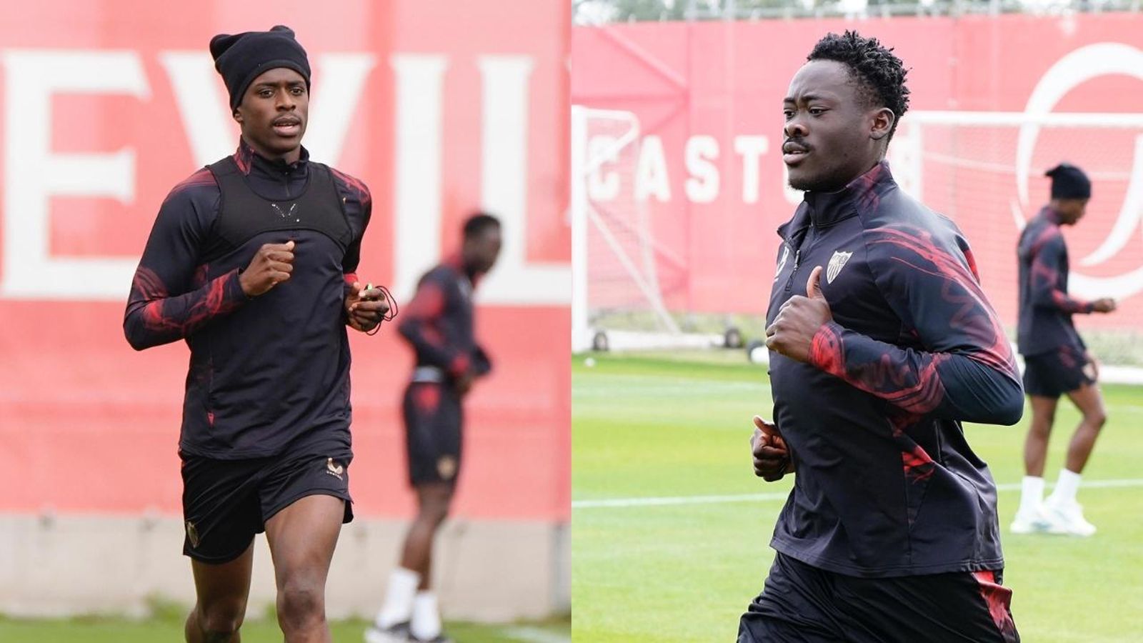 Sambi Lokonga y Akor Adams trabajan sobre el césped de la ciudad deportiva sevillista en solitario.