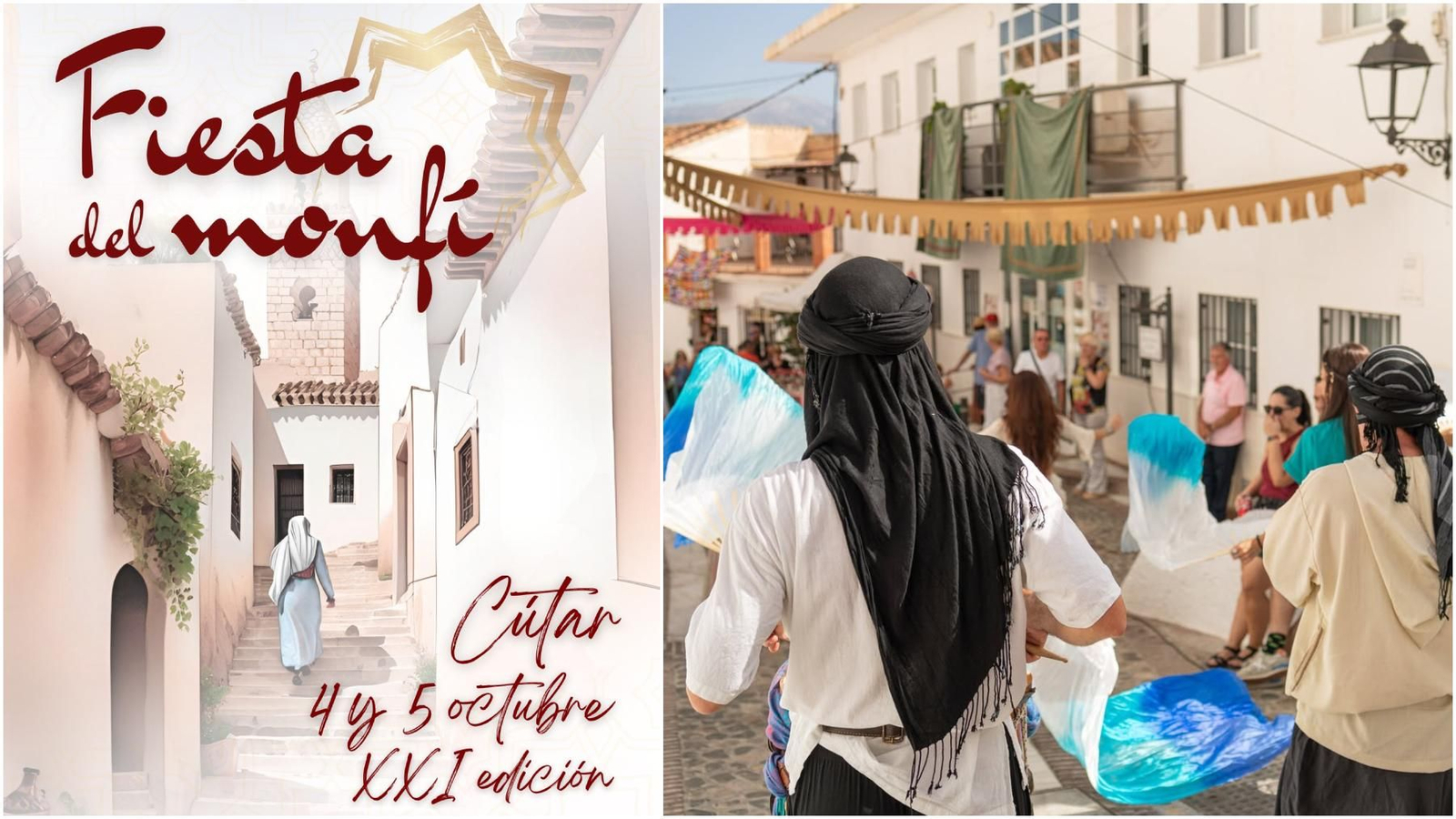 El cartel de la XXI Fiesta del Monfí de Cútar y una edición anterior.