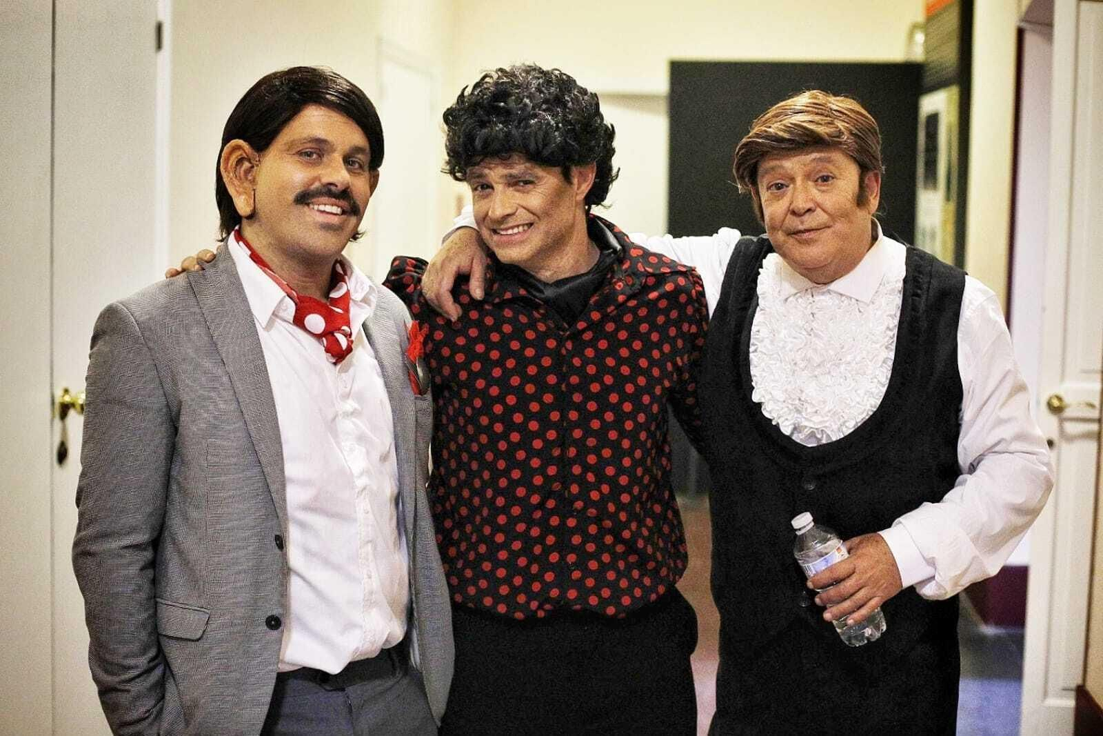 Juan 'Ardentía', Peñita e Ignacio Álvarez, nuevos miembros de la chirigota del Selu, en camerinos del Falla.