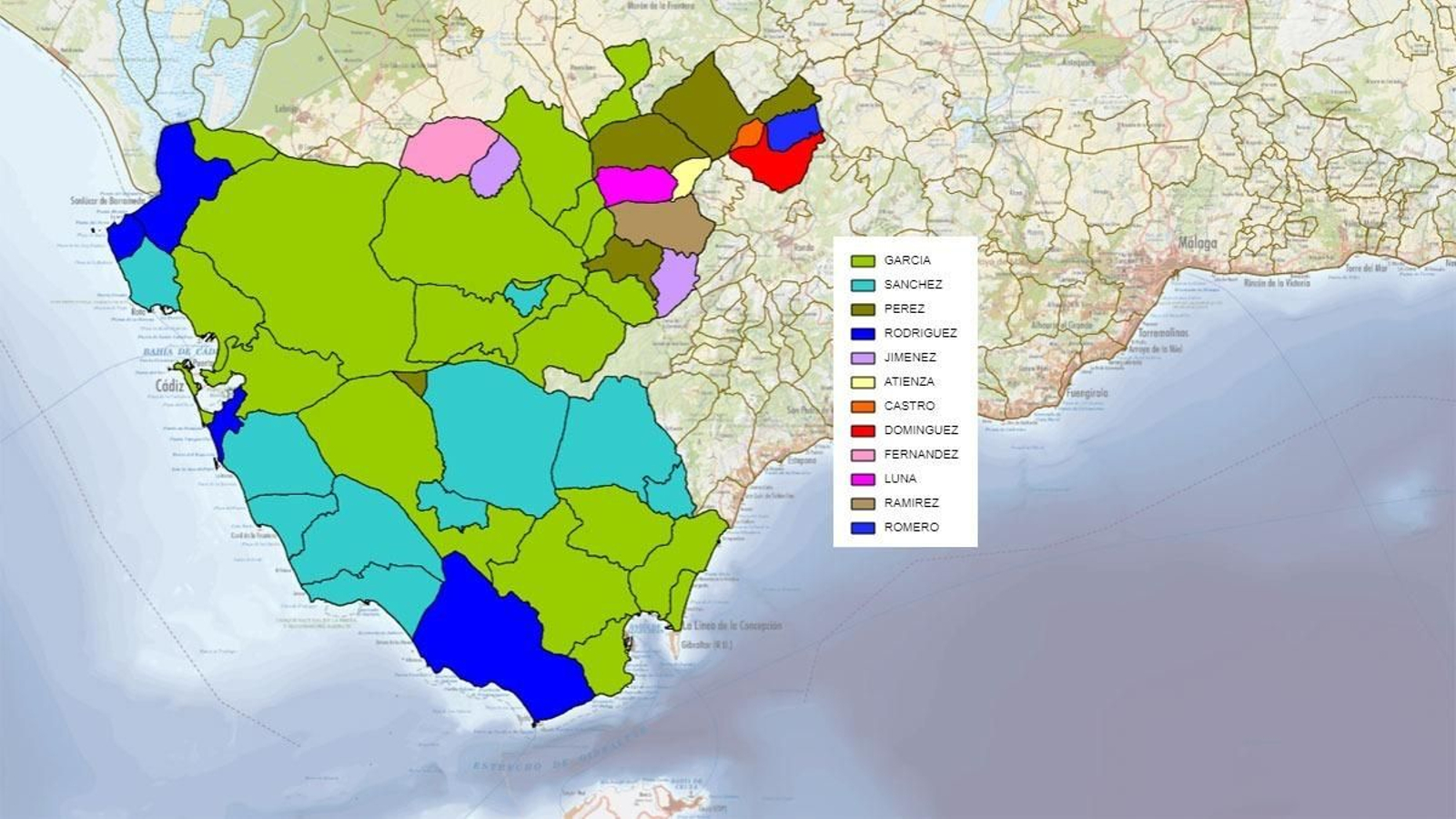 Los apellidos más comunes en cada municipio de la provincia de Cádiz.
