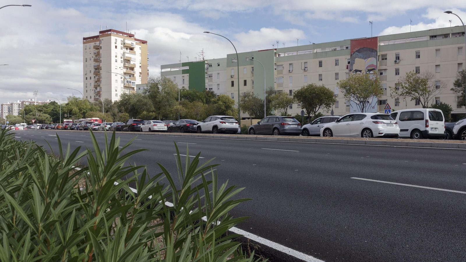 Obras de la construcción del carril del tranvibus que conectará Santa Justa, Sevilla Este y Torreblanca
