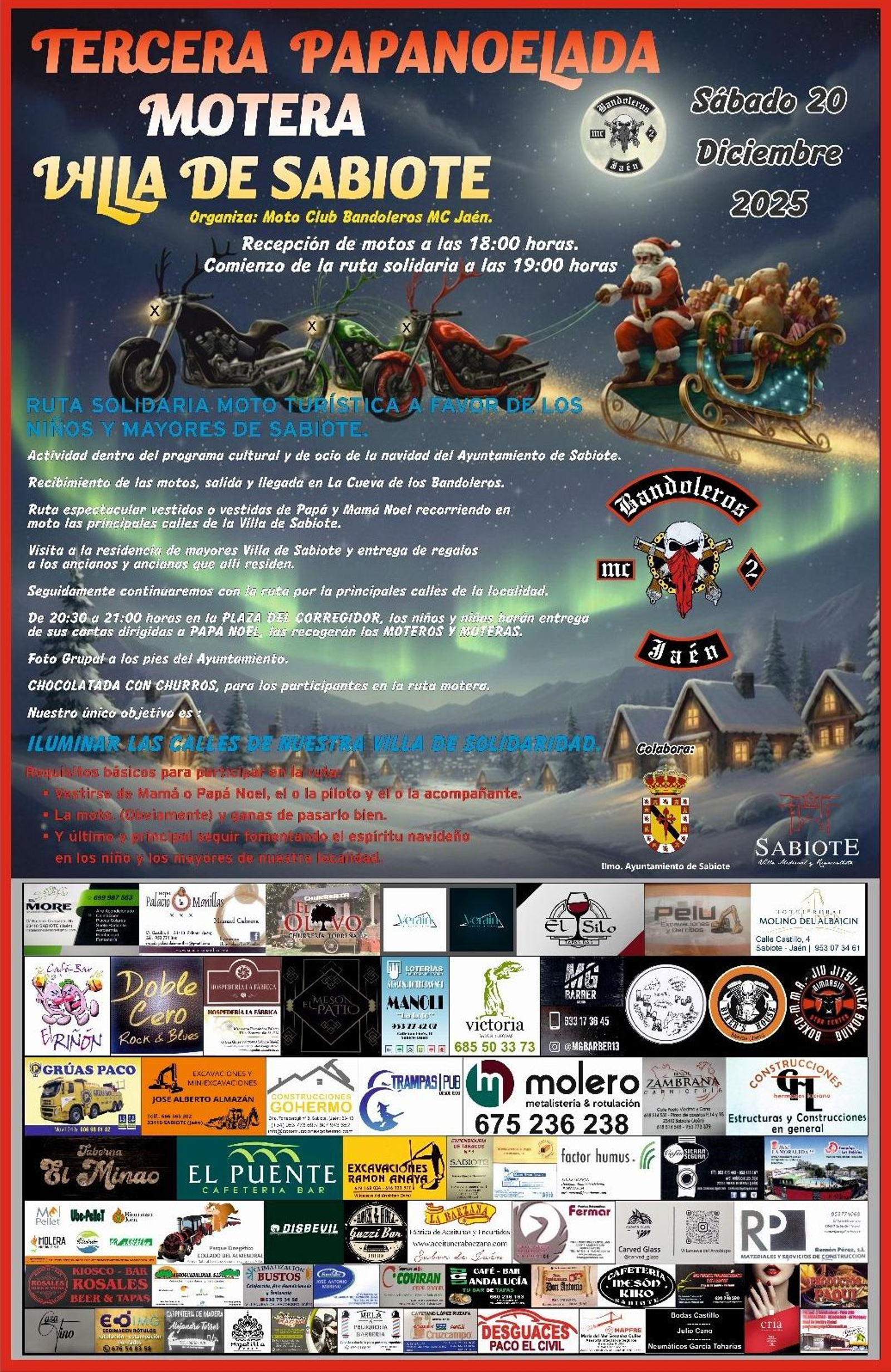 La Papanoelada Motera de Sabiote acabará con una degustación de chocolate con churros.