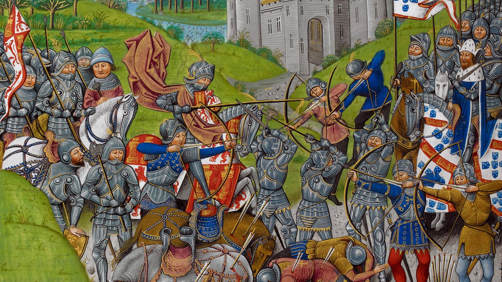 Grabado de la batalla de Aljubarrota en la obra  Recueil des croniques d’Engleterre, de Jehan de Waurin.