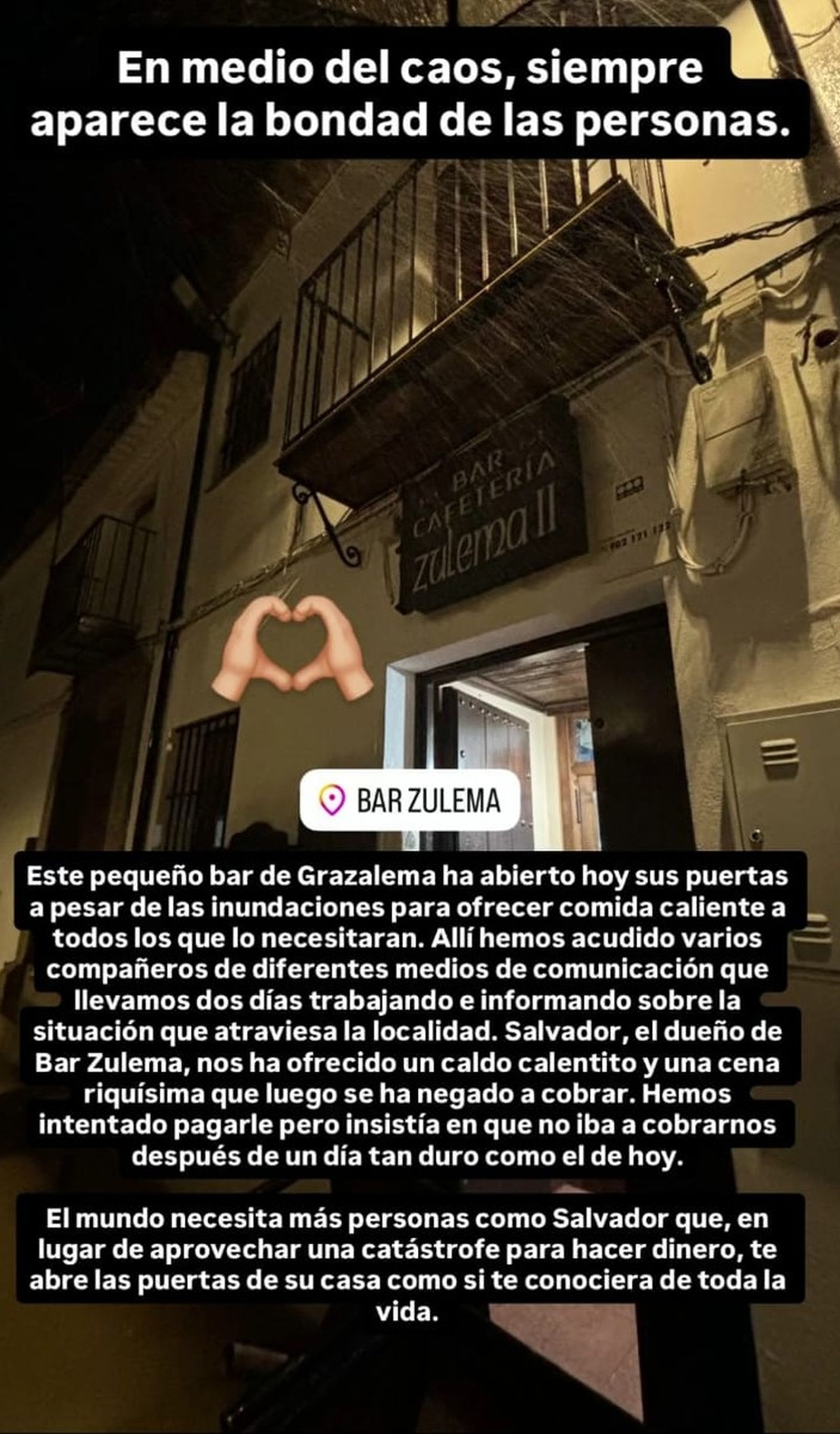El reportero de Noticias Cuatro ha querido destacar la bondad del dueño del Bar Zulema tras ofrecerles comida caliente y no cobrarles