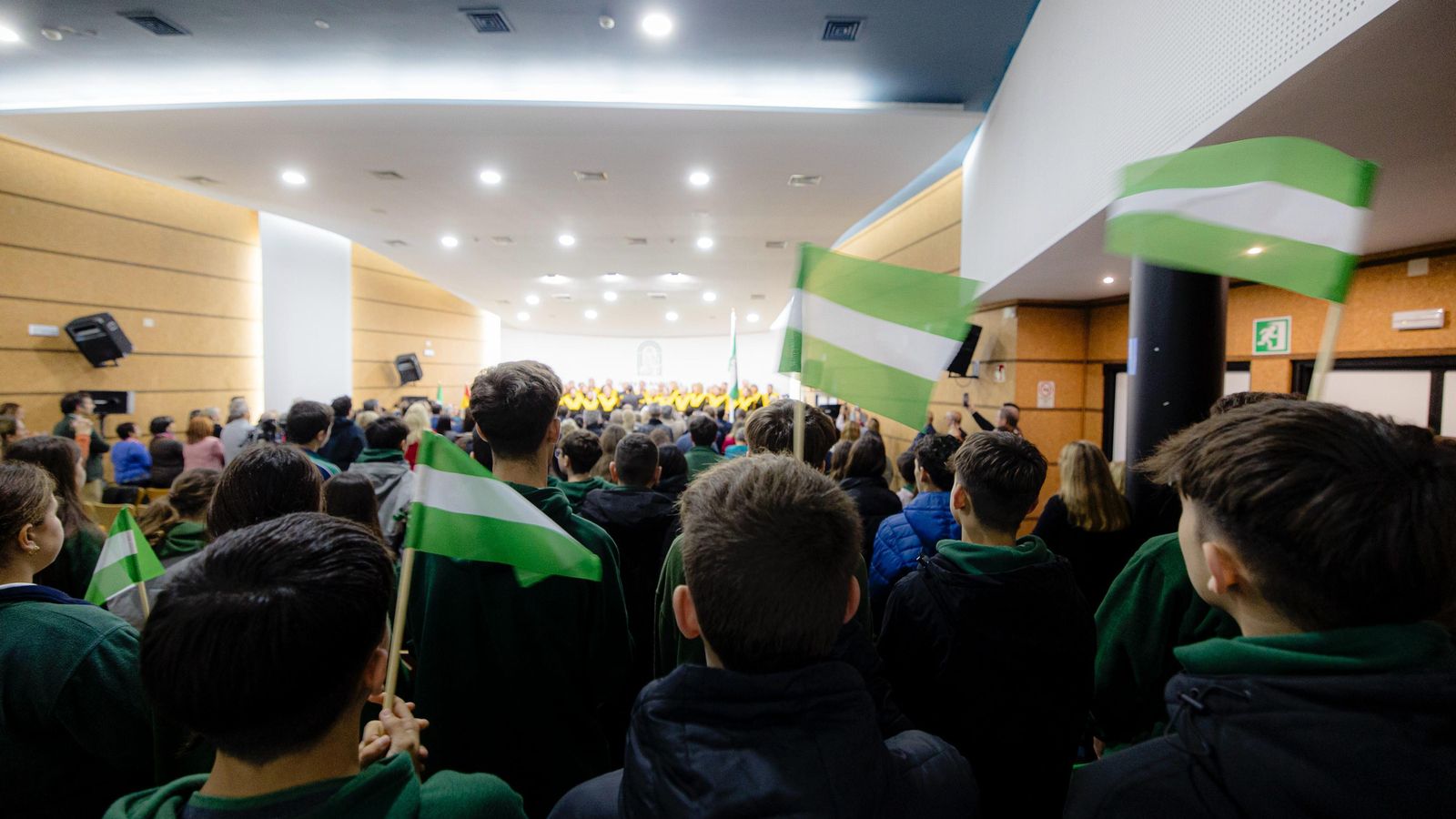 Alumnos del Colegio Las Carmelitas ondeando la bandera de Andalucía