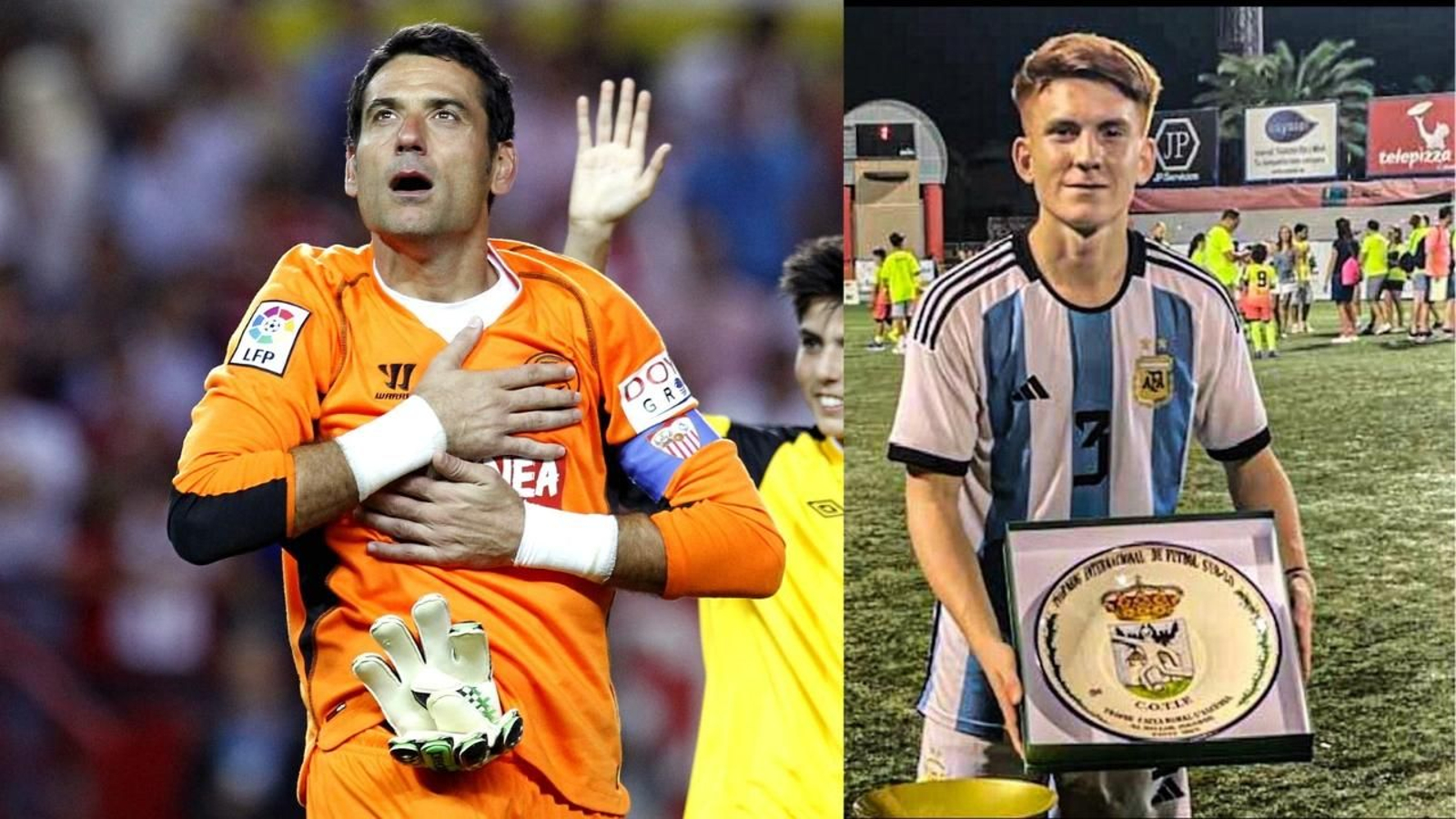 A la izquierda, Andrés Palop durante su despedida del Sevilla en el Sánchez Pizjuán, a la derecha, Valentín Barco recibiendo el MVP del COTIF 2022.