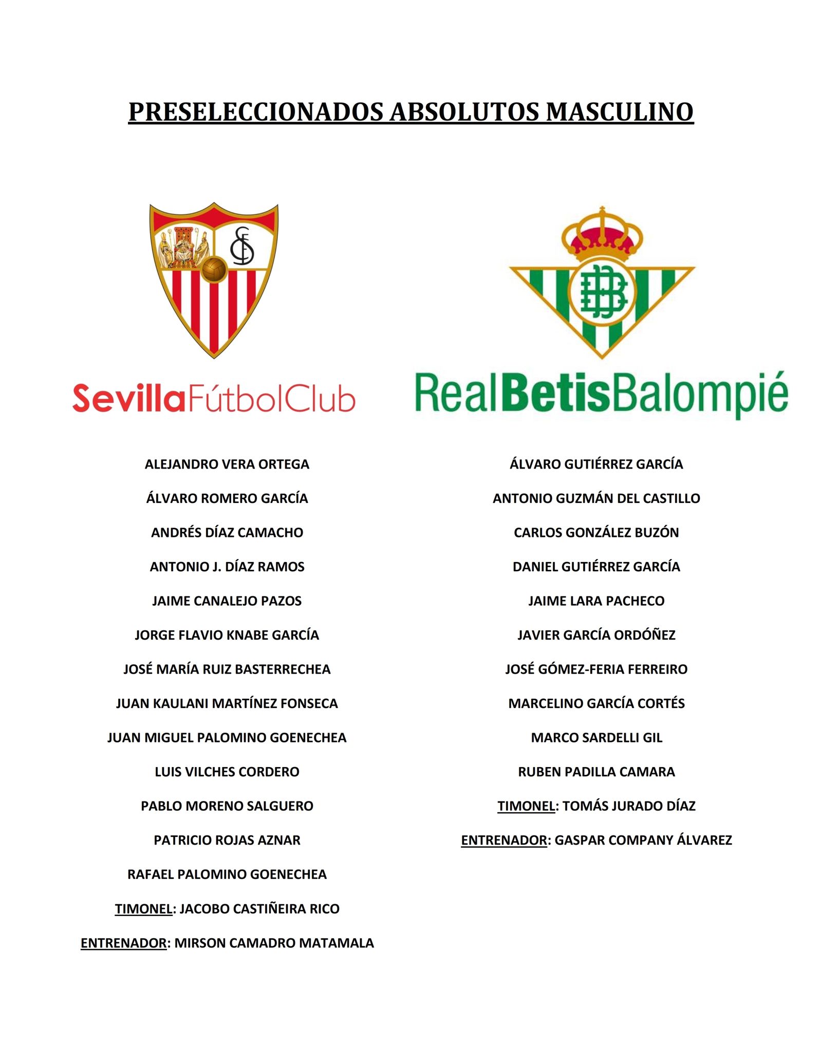 Lista de preseleccionados para la categoría absoluta masculina.