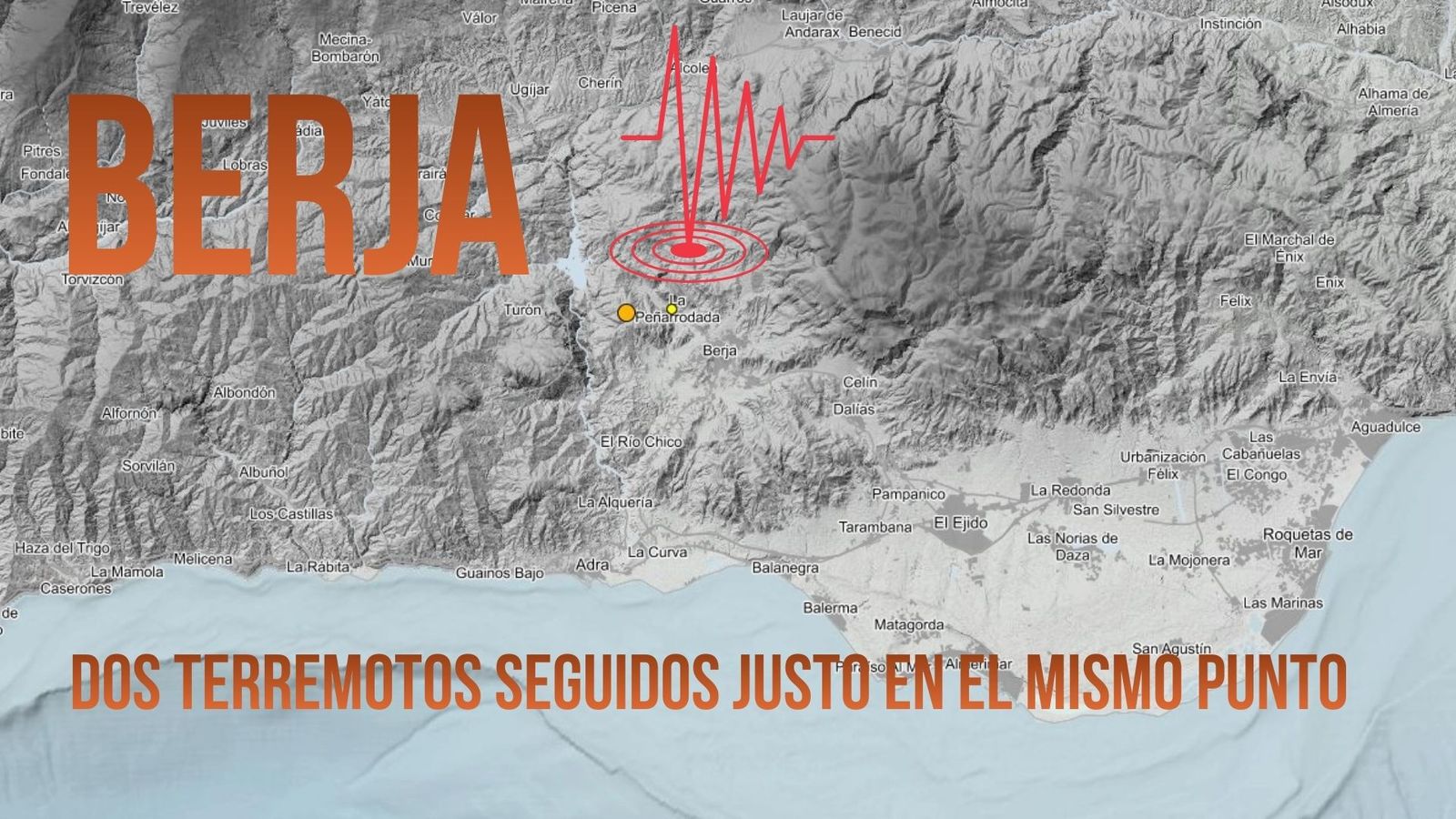 Localización del epicentro según el Instituto Geográfico Nacional, con ambos terremotos registrados en el mismo punto del paraje de La Peñarrodada, al noroeste de Berja