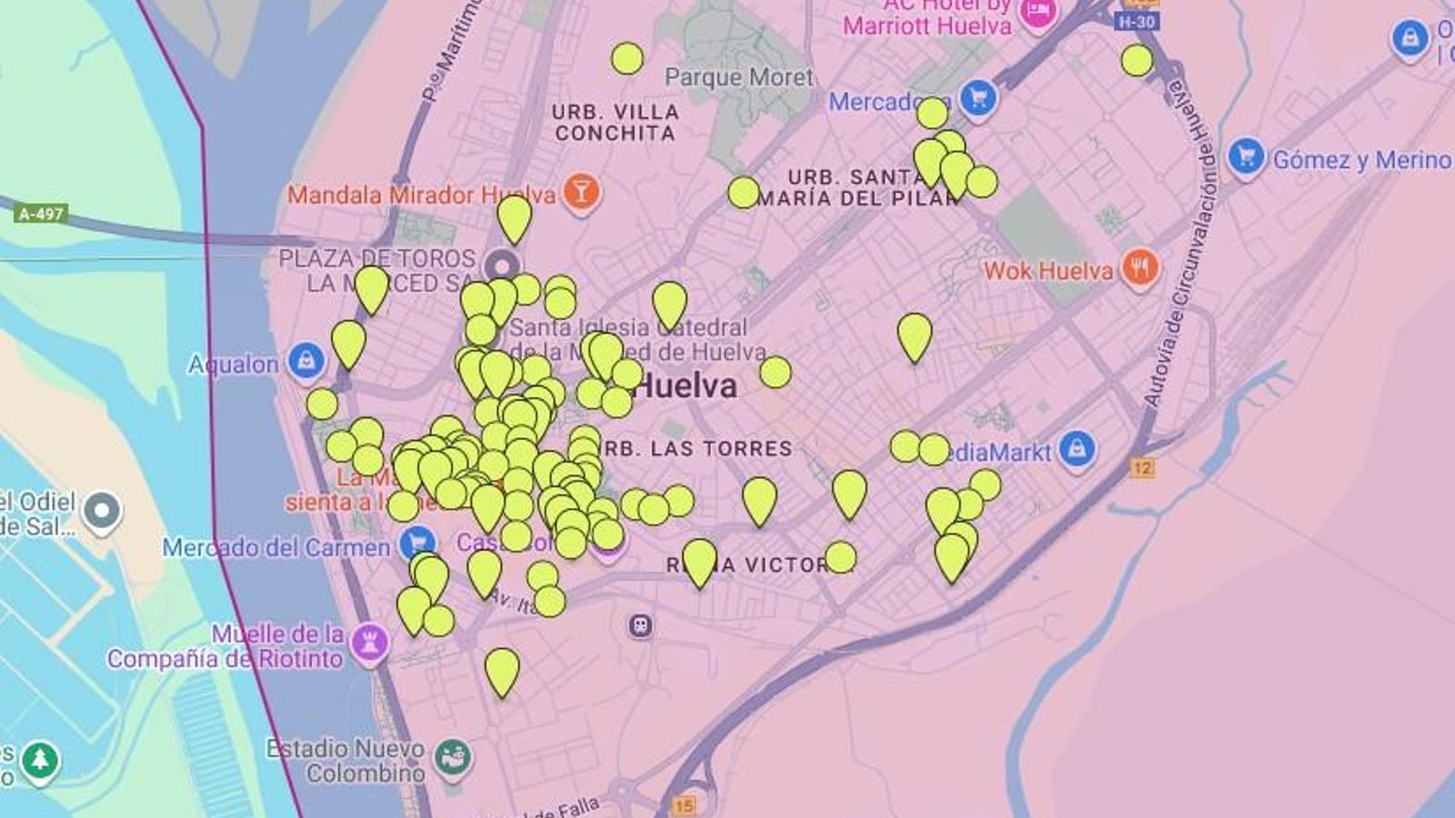 Puntos dónde se sitúan las viviendas a la venta por más de 220.000 euros.