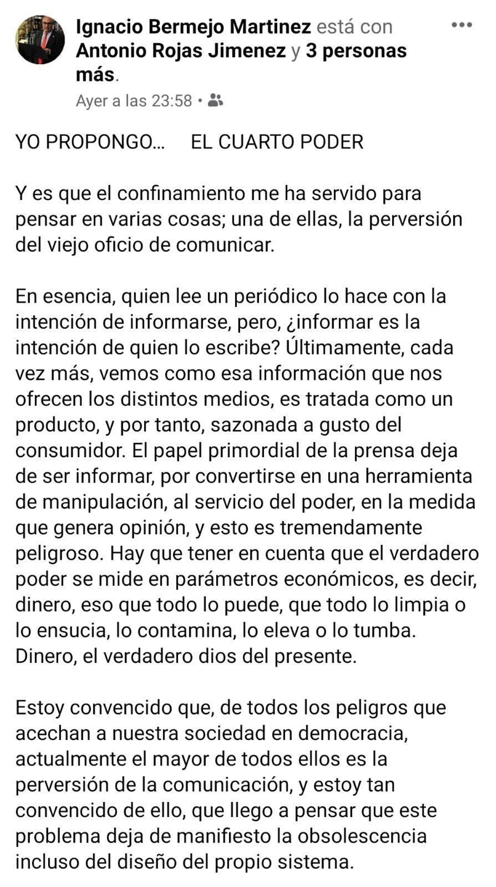 Captura de pantalla del post del concejal del PSOE.