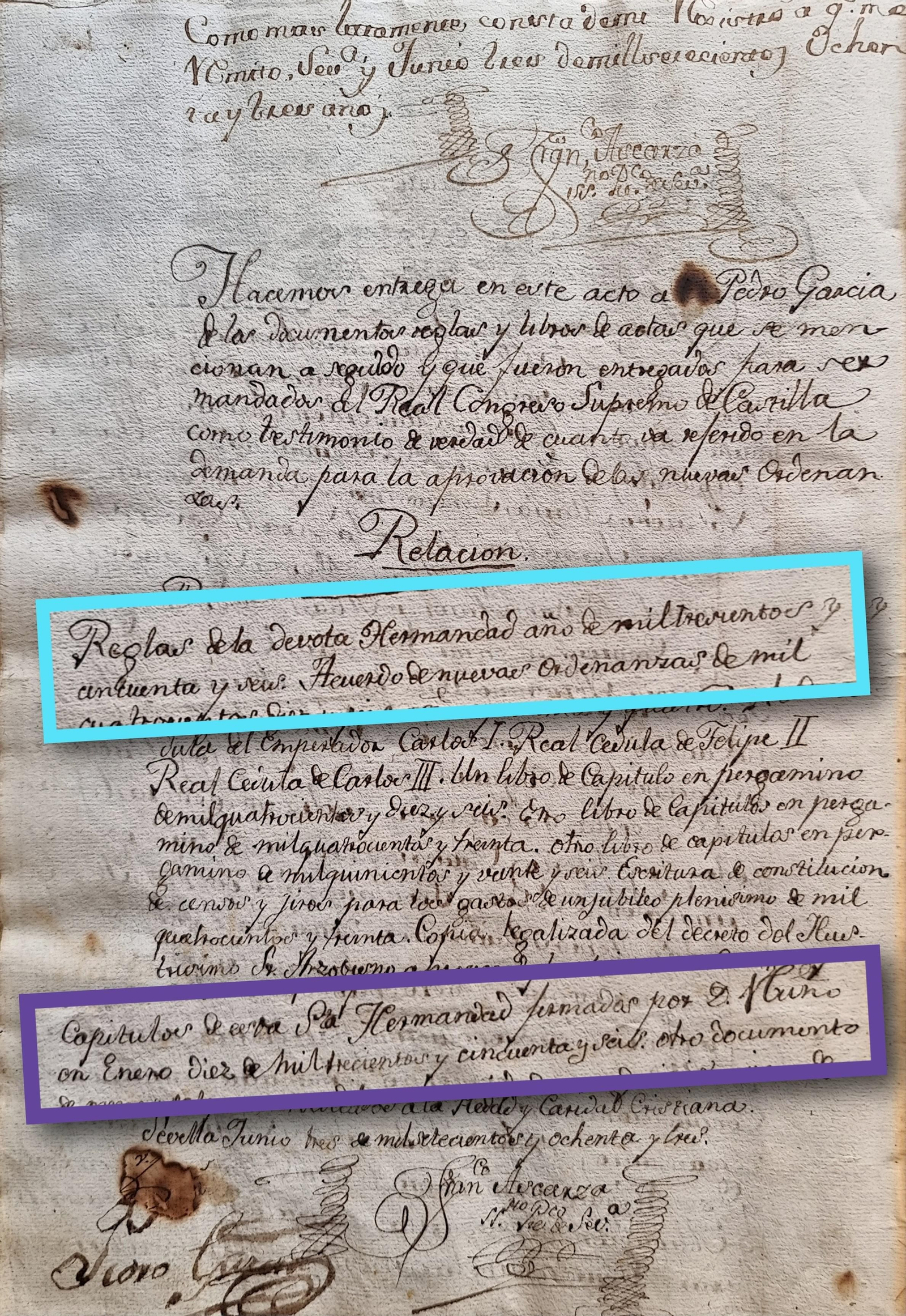 Copia notarial autentificada de la relación de documentos que Francisco de Ascarza entregó a Pedro García para ser esgrimidos frente al Real Consejo de Castilla. AHJN, Caja 1, libro 4.