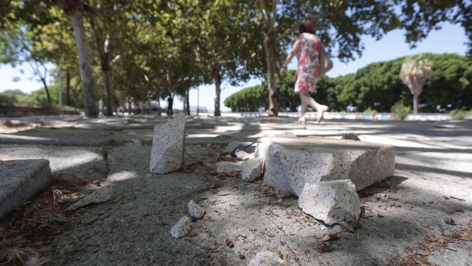 Trozos de solería levantados en el paseo de Torneo.