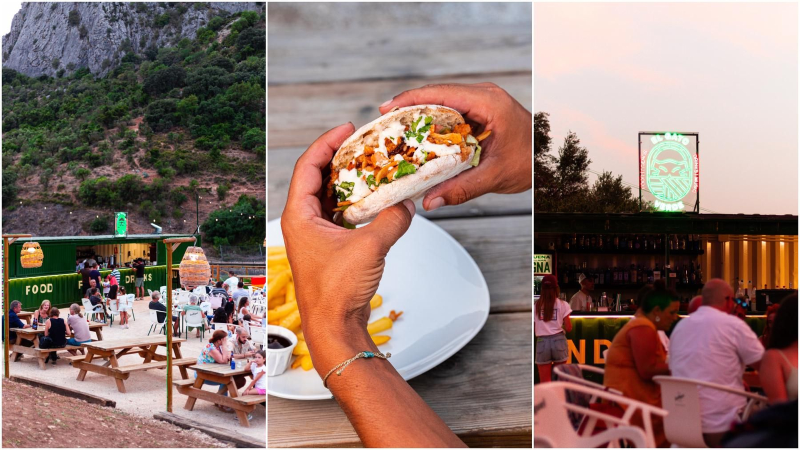 La terraza, el mollete de Benaoján y el cartel de El Gato Verde.