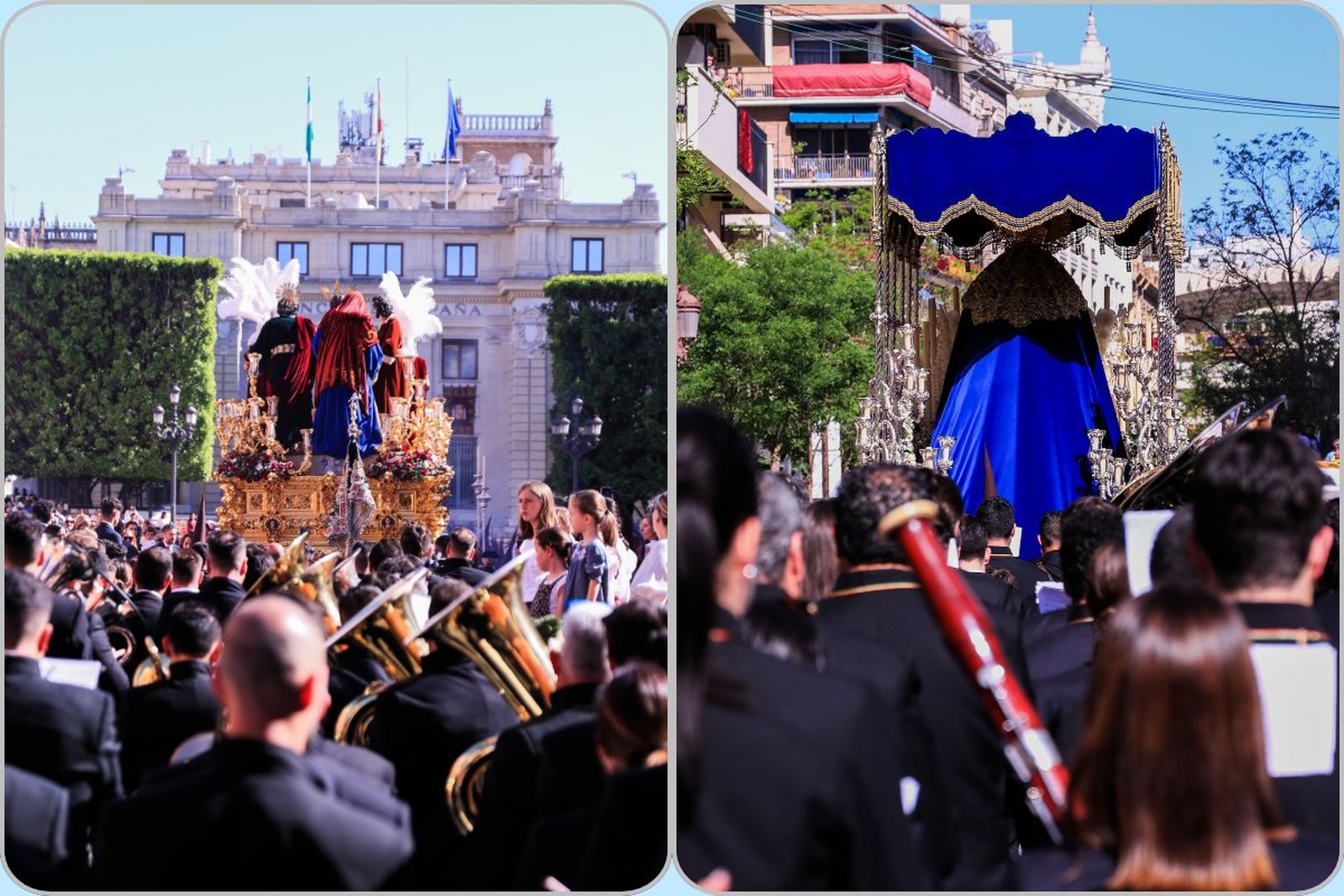 Las dos formaciones tras los respectivos pasos de la cofradía