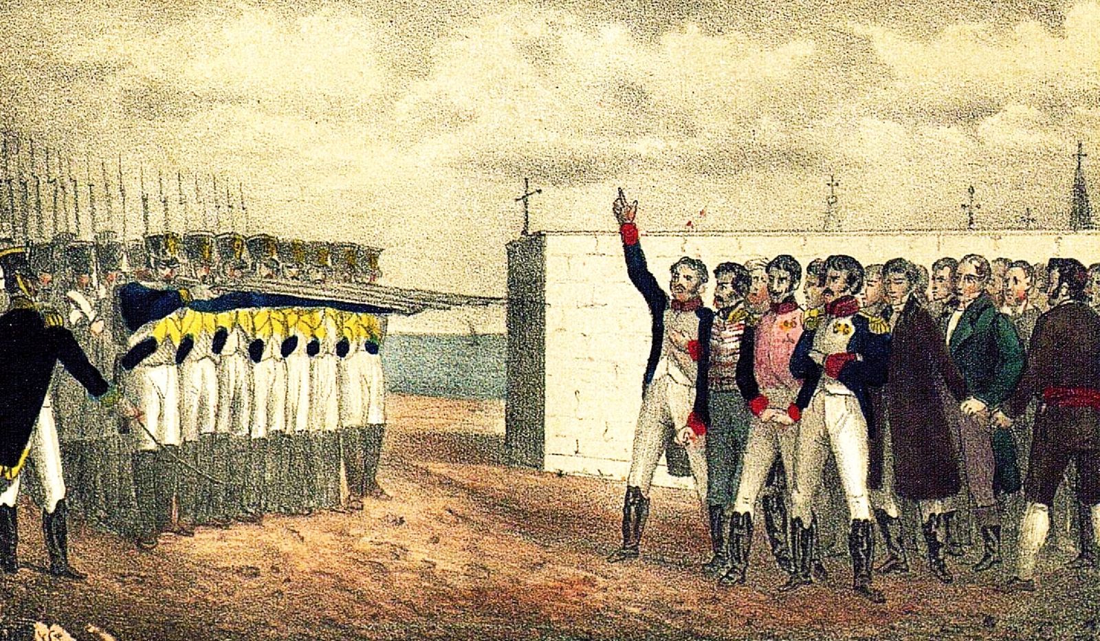 Grabado del siglo XIX que representa los fusilamientos de los liberales detenidos en Tarifa en el cementerio de Algeciras.