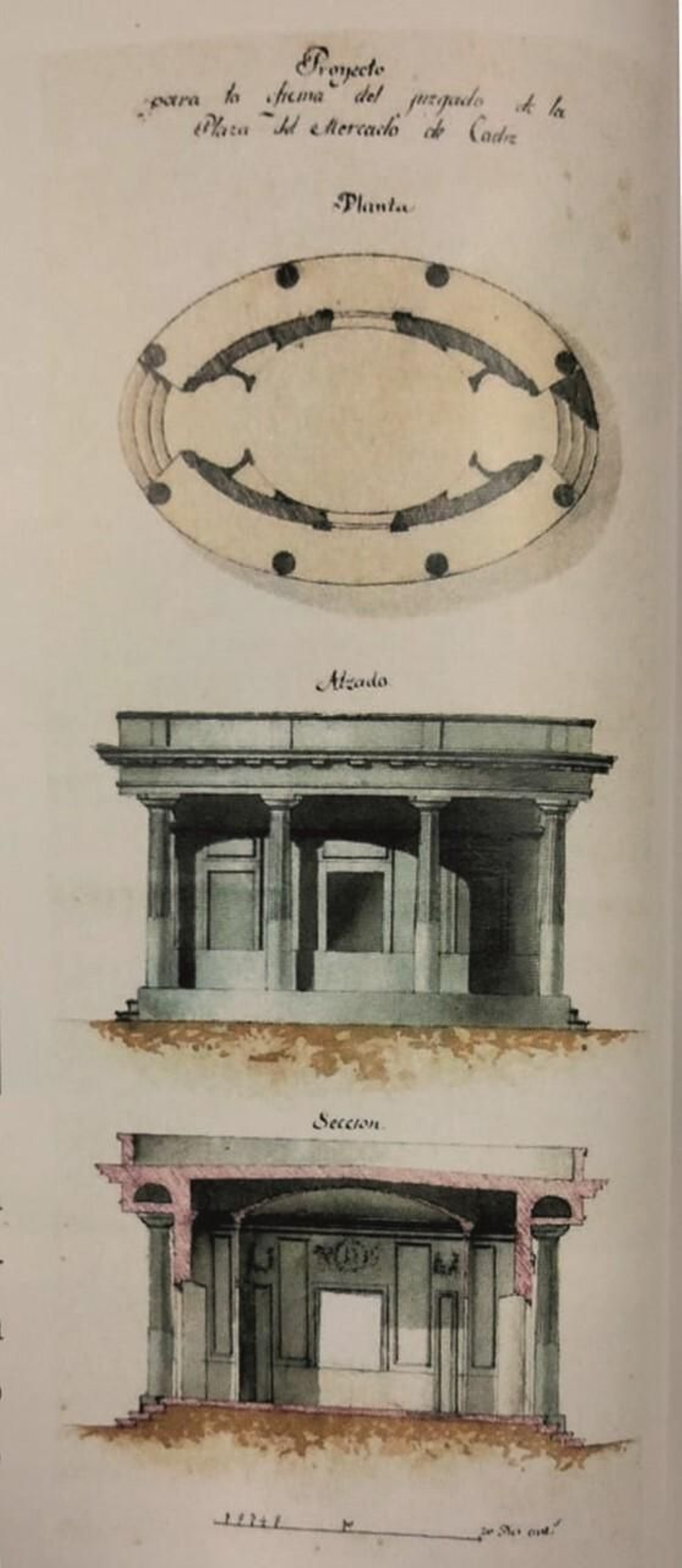 Boceto de la oficina de correos que se iba a construir dentro de la gran plaza de abastos.
