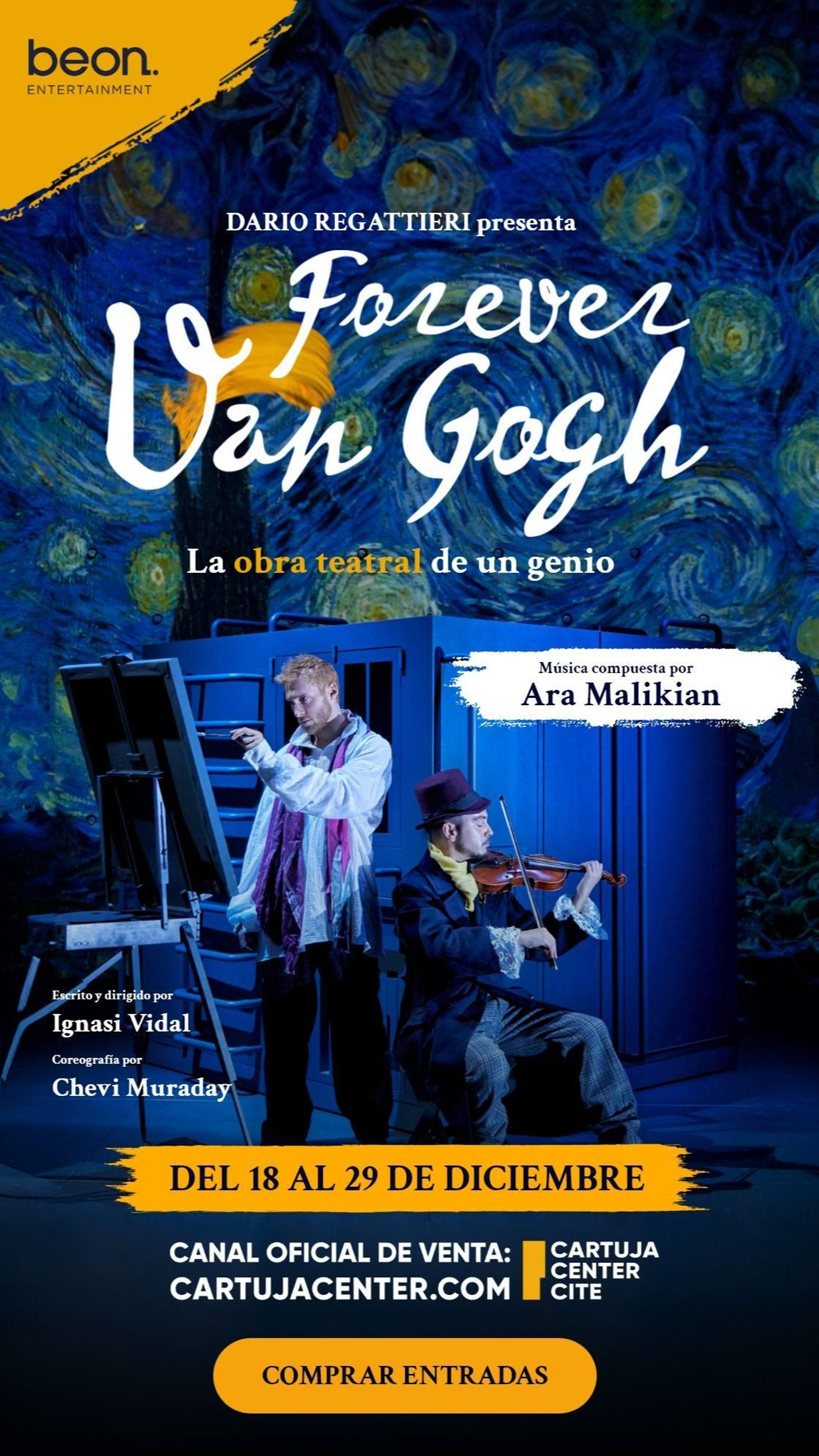 Detalle del espectáculo Forever Van Gogh, mostrando efectos visuales envolventes y arte inspirado en las obras de Vincent van Gogh