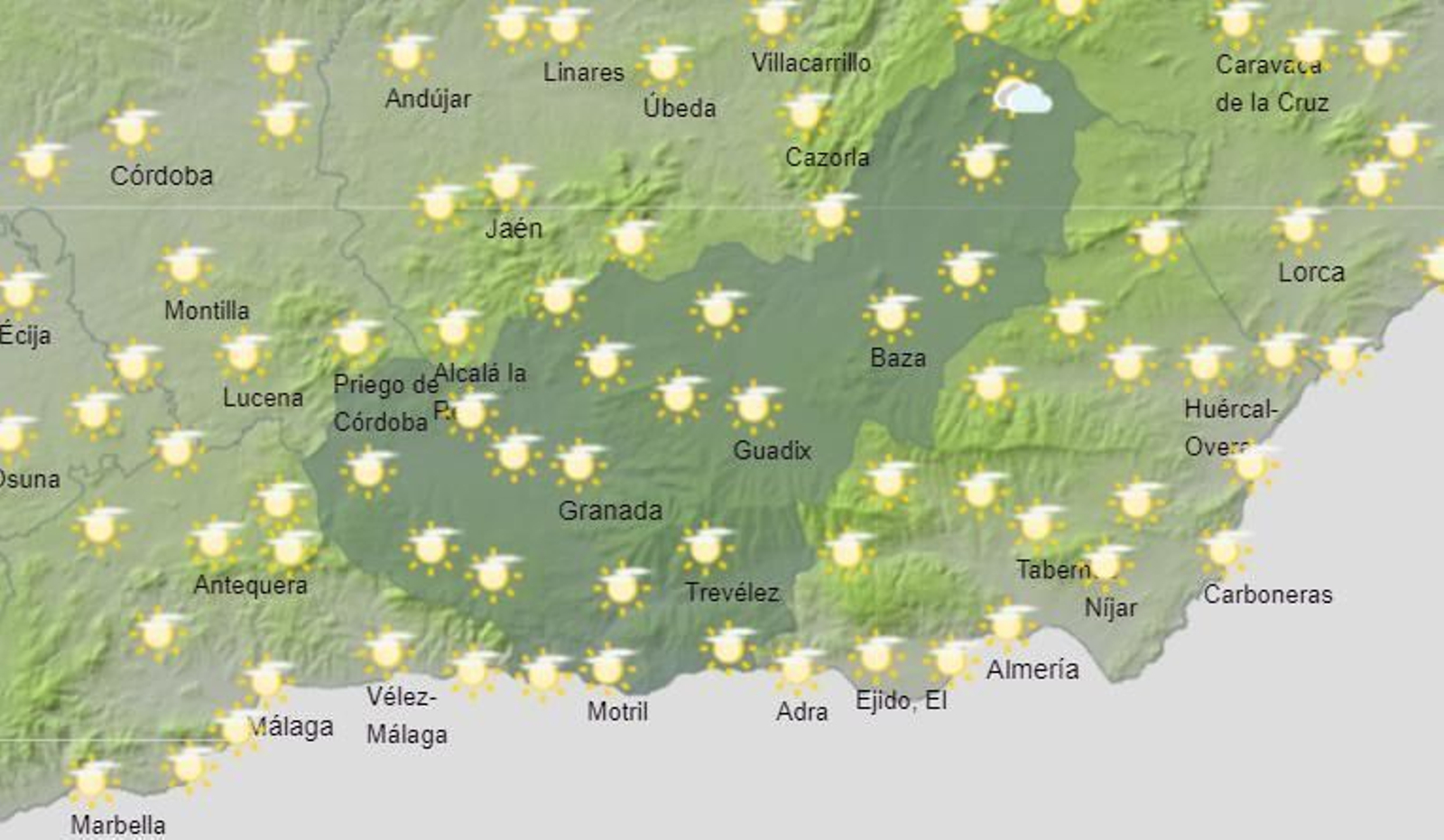Mapa de previsión meteorológica de AEMET para el lunes 30 de mayo en la provincia de Granada