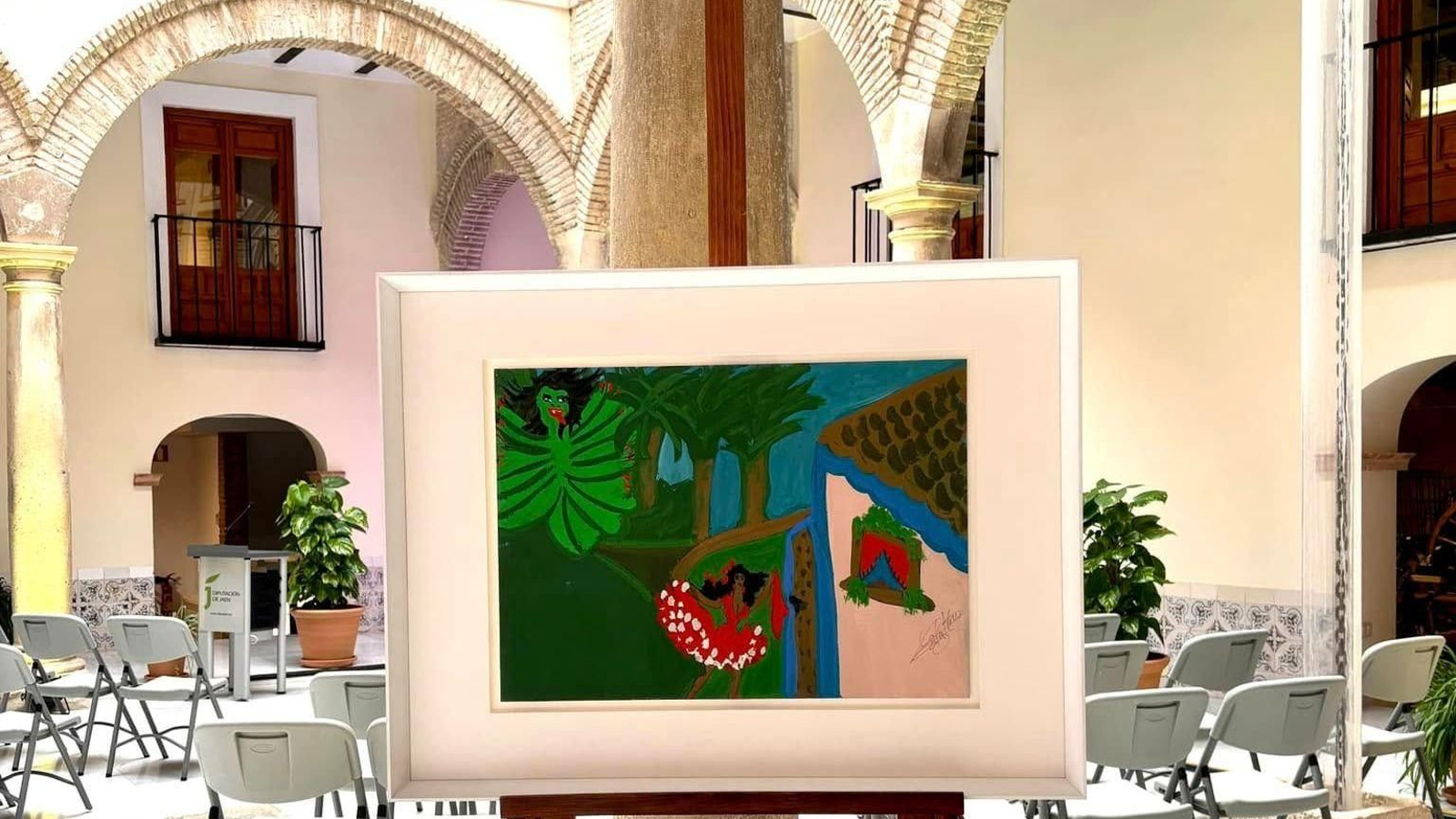 El cuadro expuesto en el patio central del Centro Cultural Baños Árabes de Jaén.