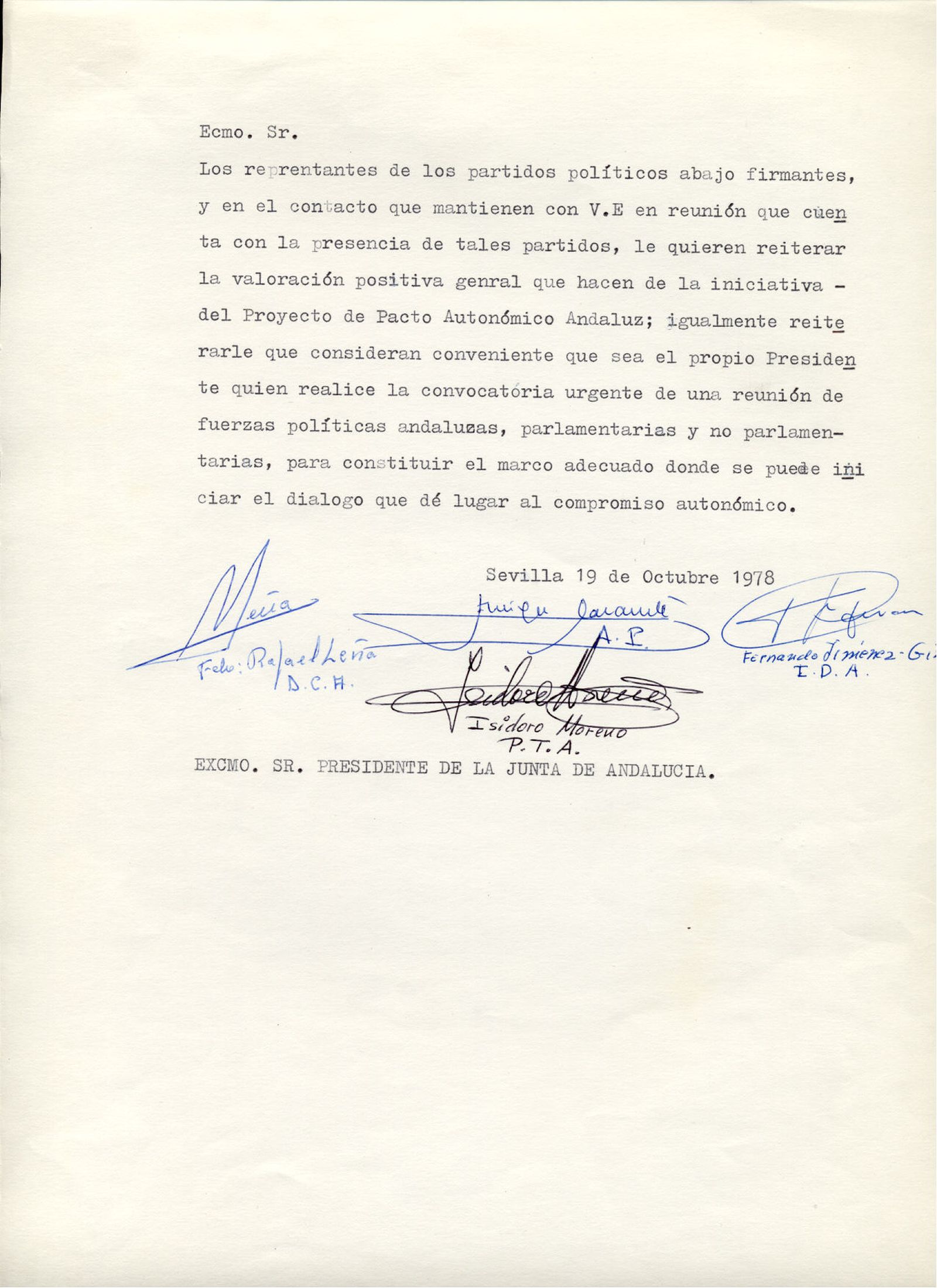 Documento firmado por cuatro partidos extraparlamentarios sumándose al Pacto Andaluz