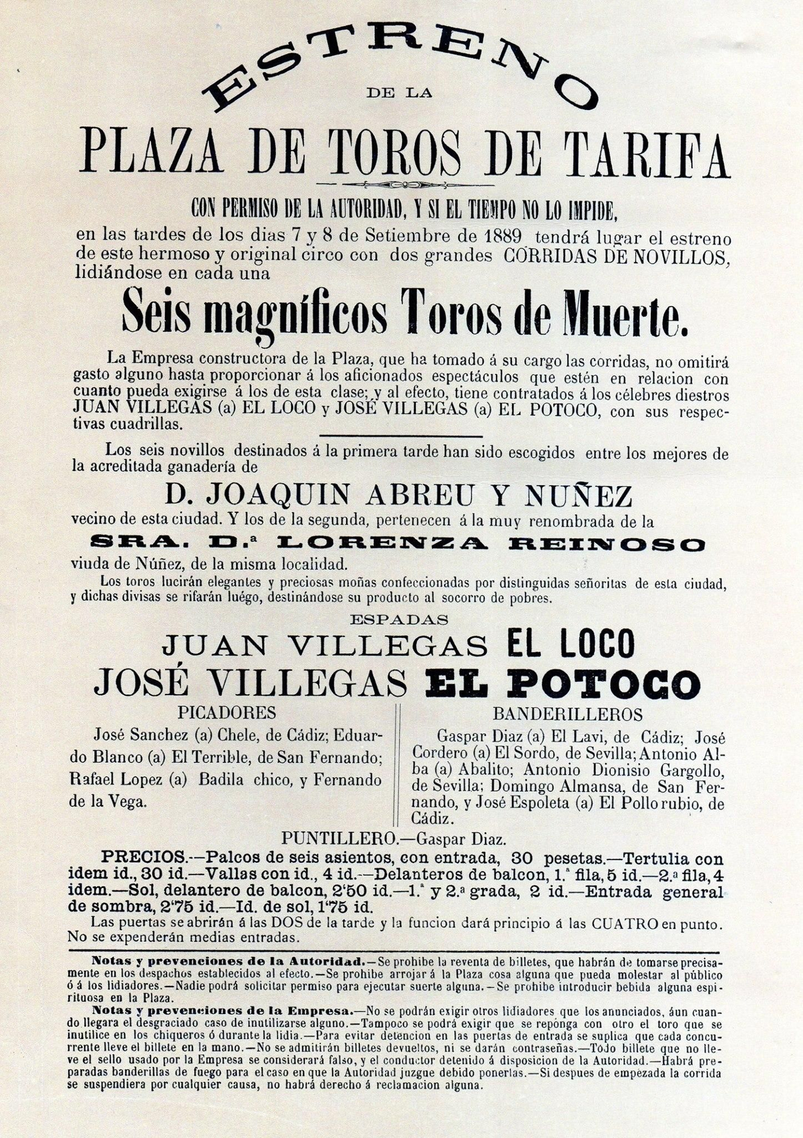 Cartel de las corridas en la feria de 1889 inaugurando la plaza de toros.