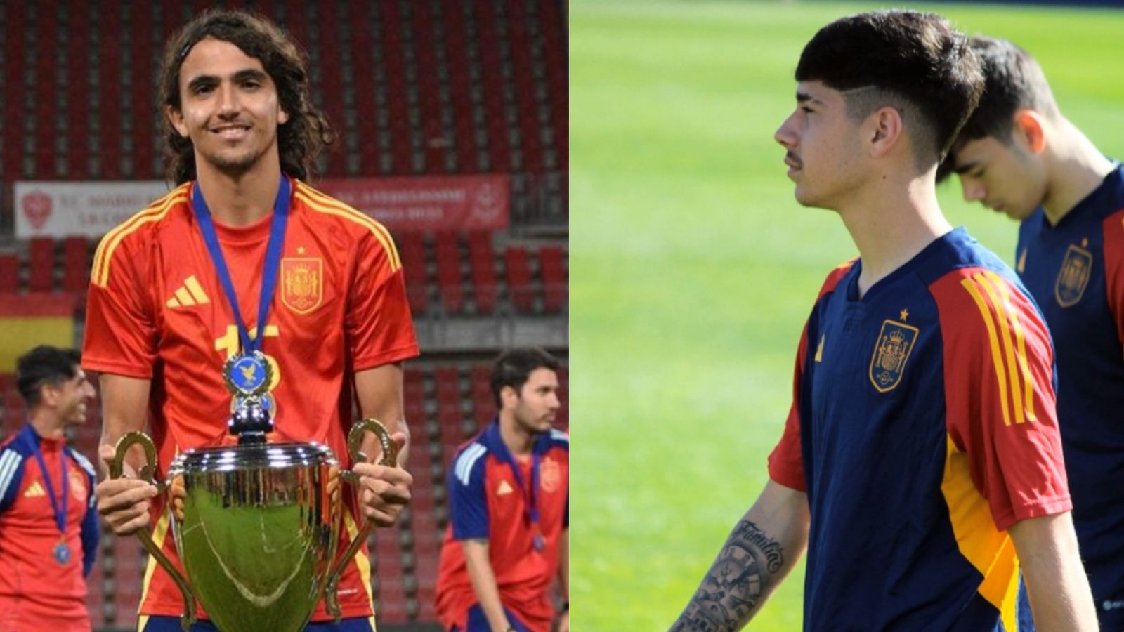 Nico Guillén con el trofeo 'Città di Trieste' y Alexis Ciria durante un entrenamiento con la sub 17 española.