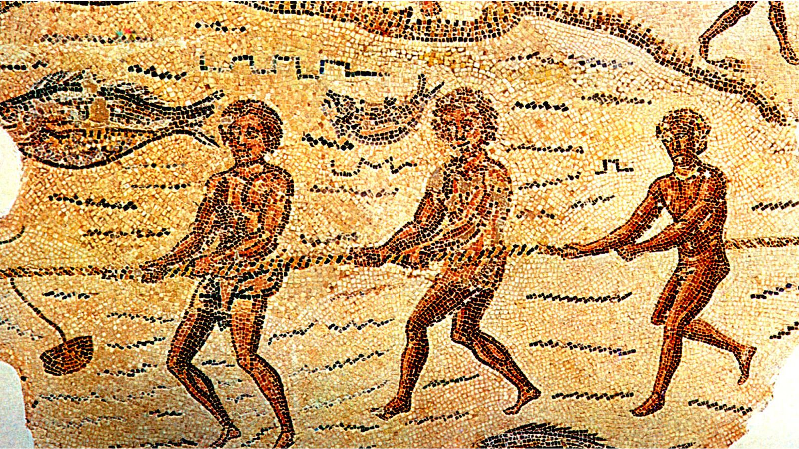 Jabegueros romanos tirando de una jábega en un mosaico del siglo II d.C.