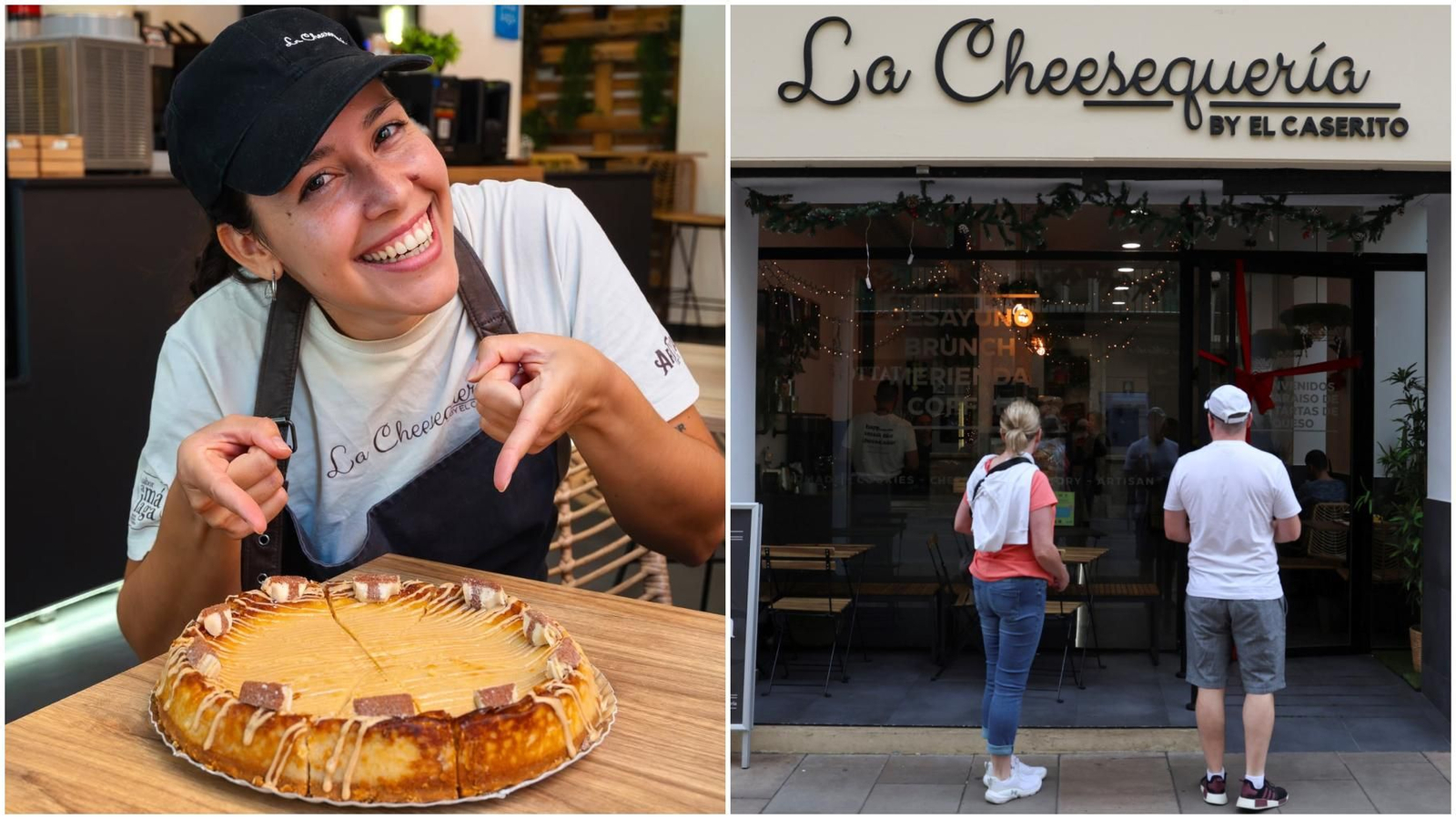 Una de las tartas de La Cheesequería y su local en calle Carretería.