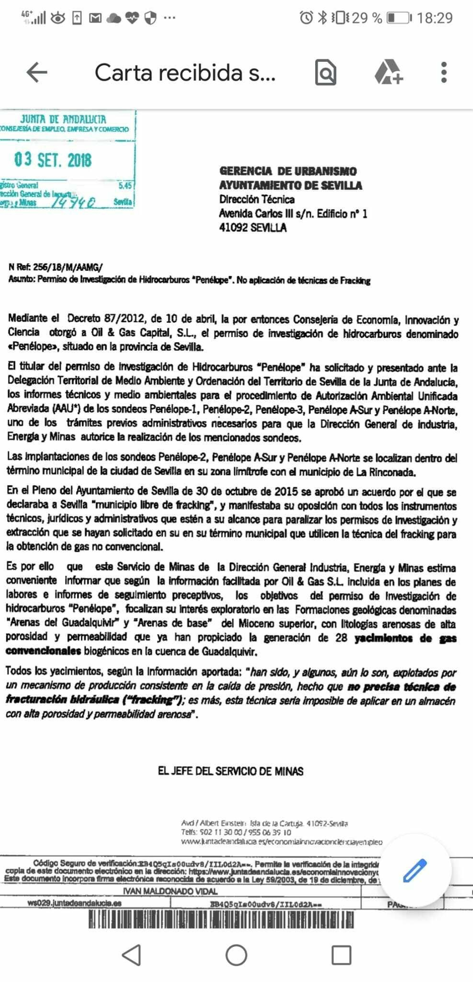 Respuesta de Minas de la Junta al Ayuntamiento en septiembre de 2018.