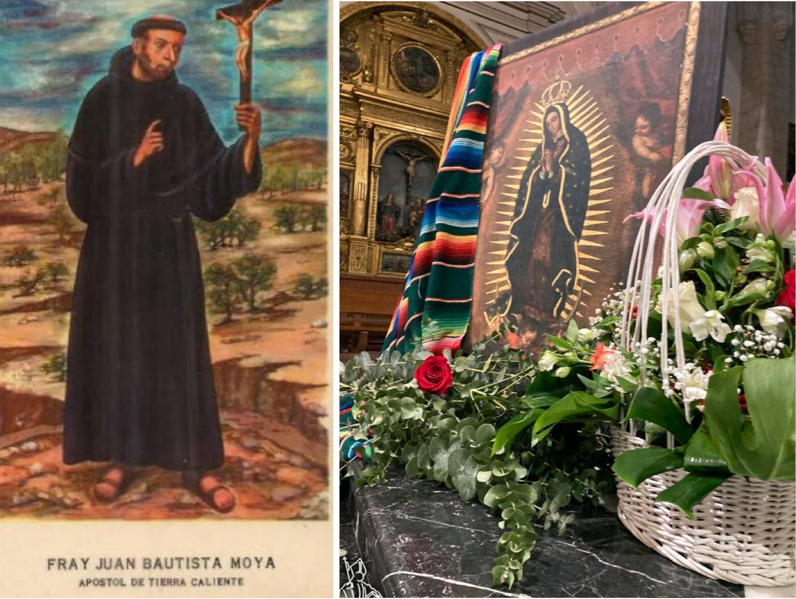 Fray Juan Bautista Moya, junto al cuadro de la Virgen de Guadalupe en la Basílica de San Ildefonso.