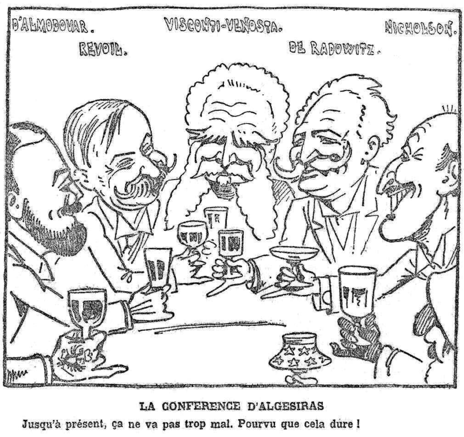 El duque brinda (tal vez con vino de su bodega) por el éxito de la Conferencia de Algeciras, 1906.