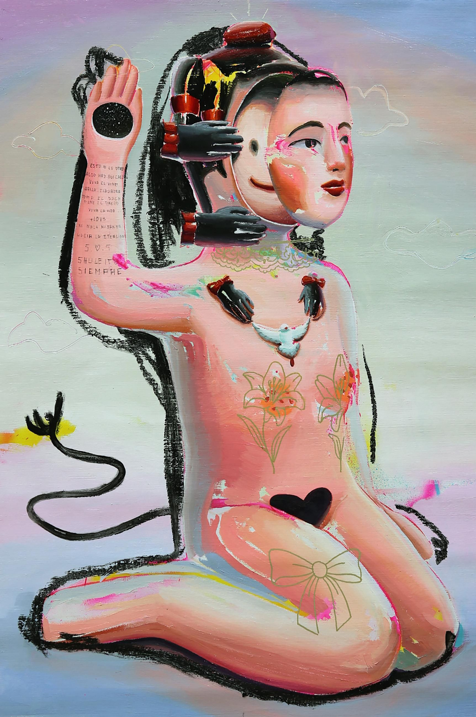 'Vestida de comunion'. 2025. Óleo, esmalte, rotulador y spray, 92 x 61 cm.