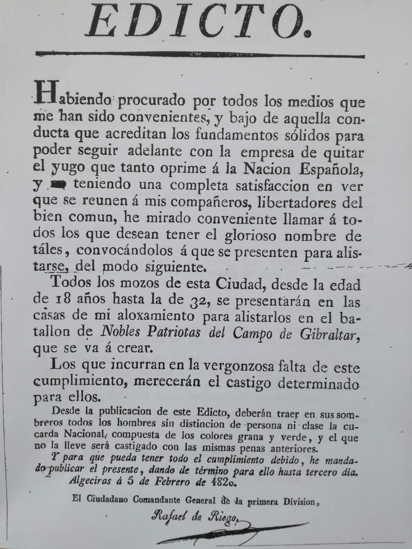 Reclutamiento de Riego emitido en Algeciras el 5 de febrero de 1820.