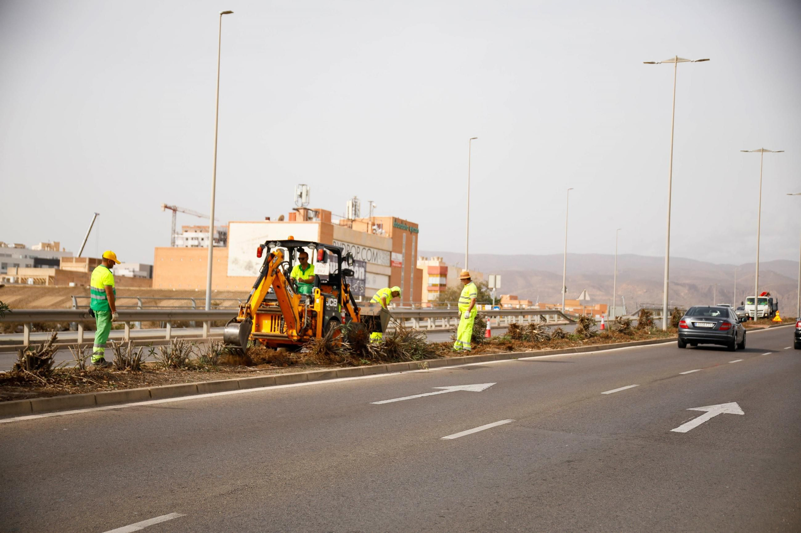 Trabajadores en la medianera del puente de la autovía al aeropuerto