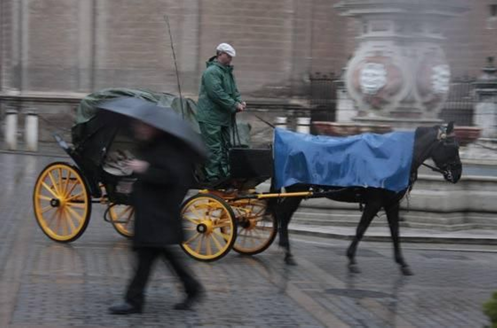 Los coches de caballos continuaron circulando a pesar de las precipitaciones.

Foto: Victoria Hidalgo