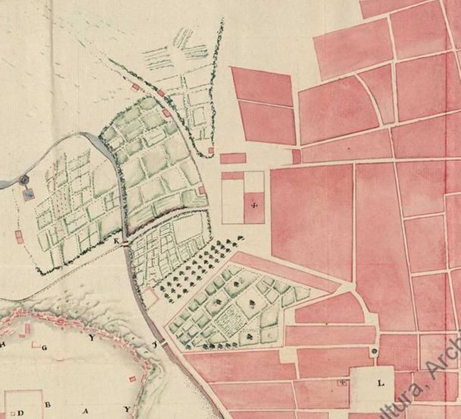 Este plano algo inexacto, nos muestra ya las murallas desaparecidas, La Alameda Vieja y al Oeste de ésta, la Huerta del Ancla. Este plano algo inexacto, nos muestra ya las murallas desaparecidas, La Alameda Vieja y al Oeste de ésta, la Huerta del Ancla.