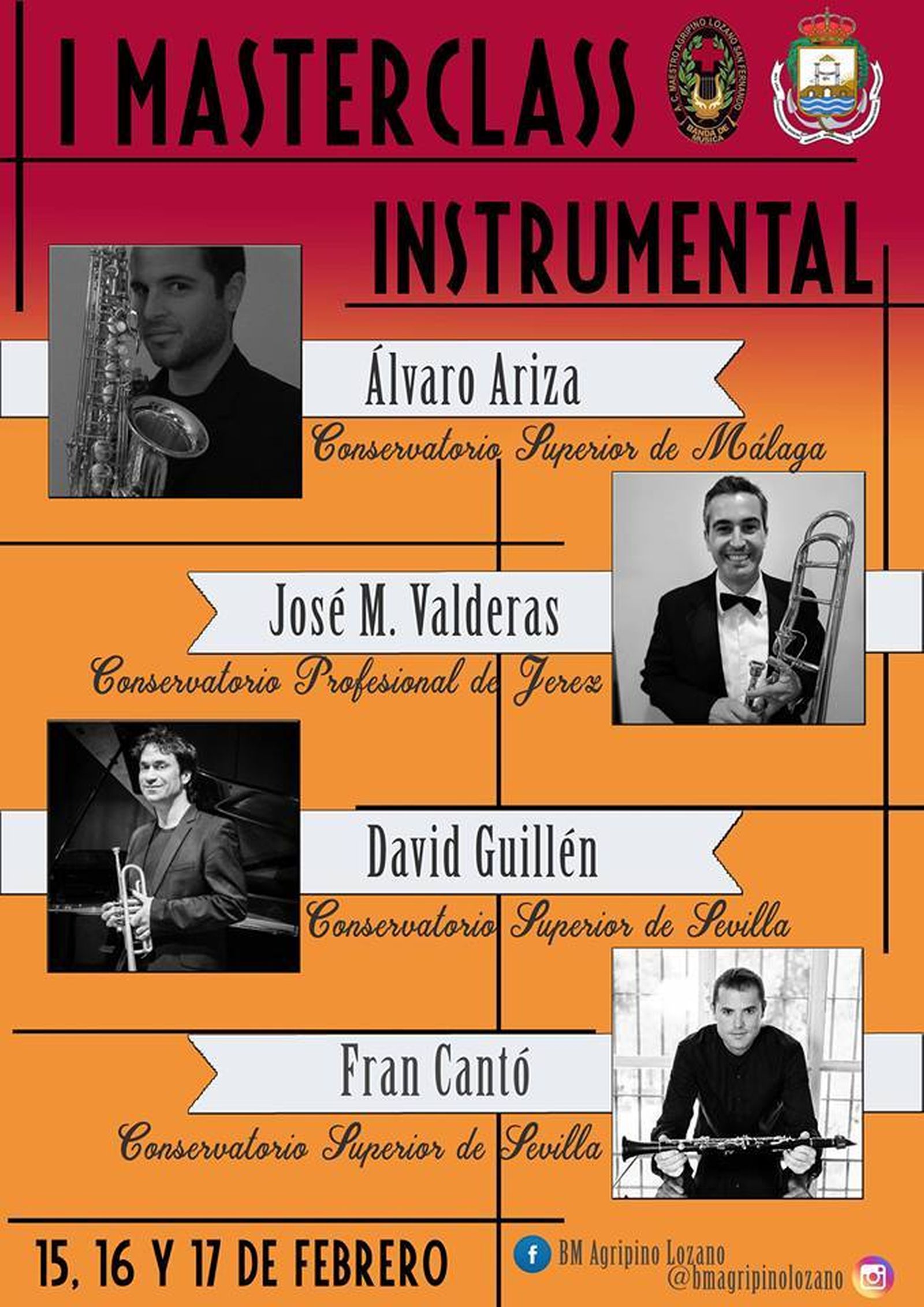 Cartel de la banda de música Maestro Agripino Lozano que anuncia su primera masterclass instrumental.