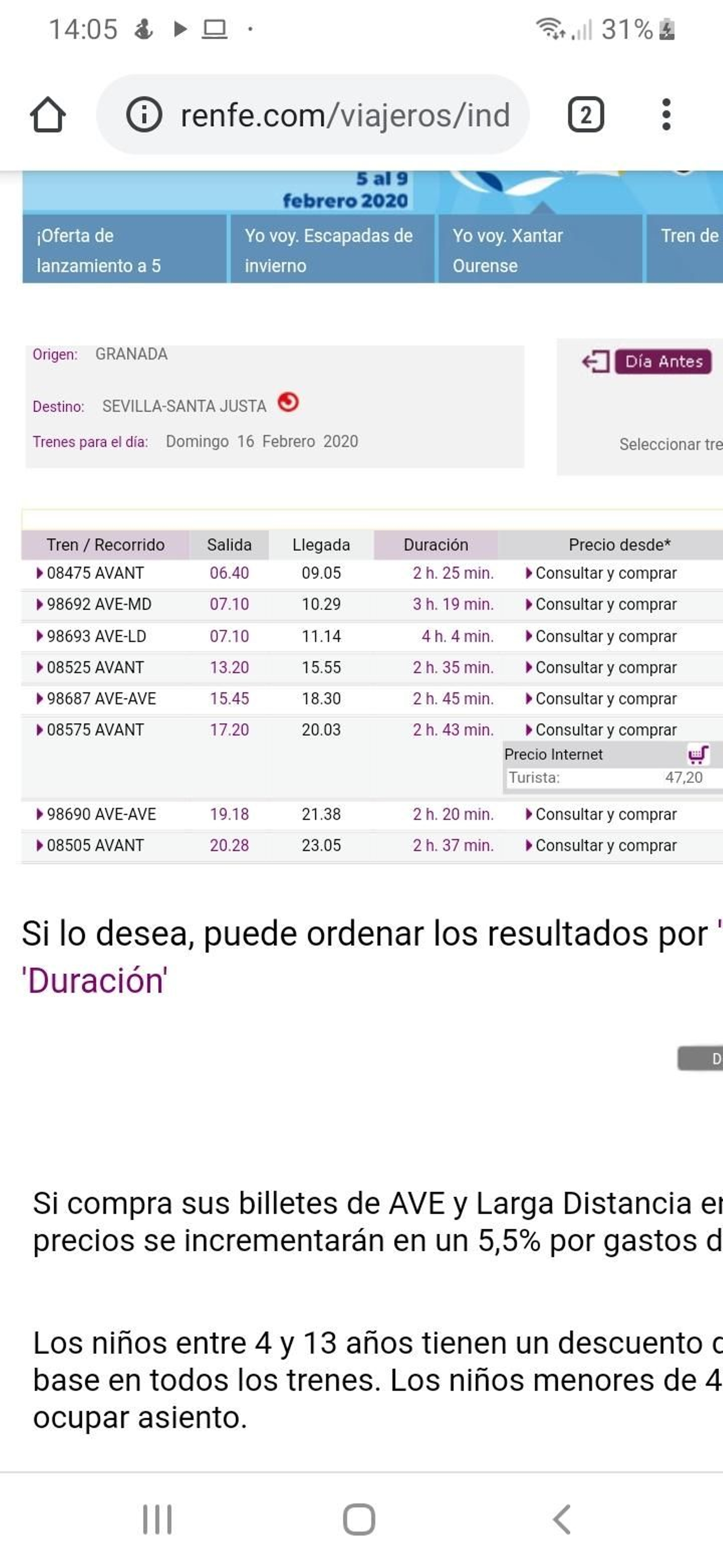 Pantallazo de la web de Renfe con los billetes precargados